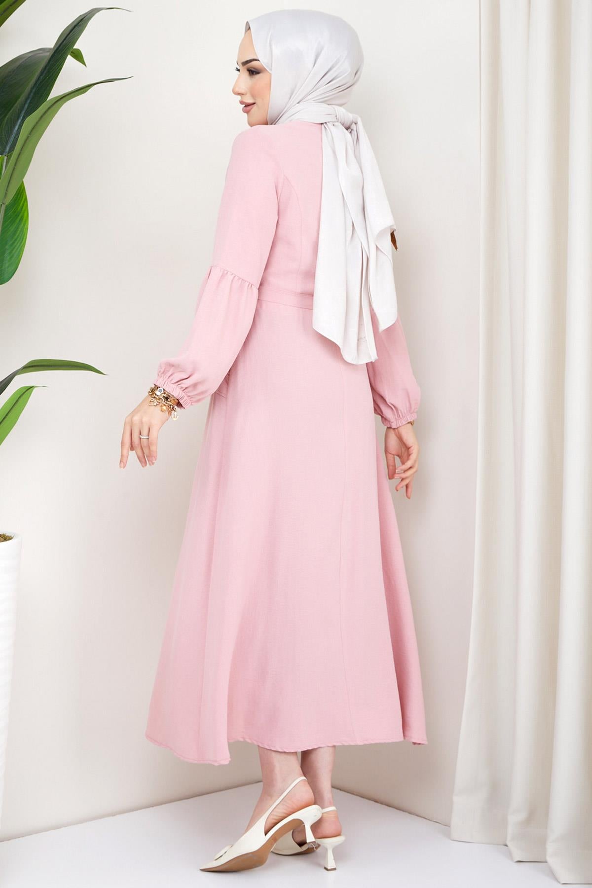 Eteği Düğmeli Ayrobin Elbise Pembe