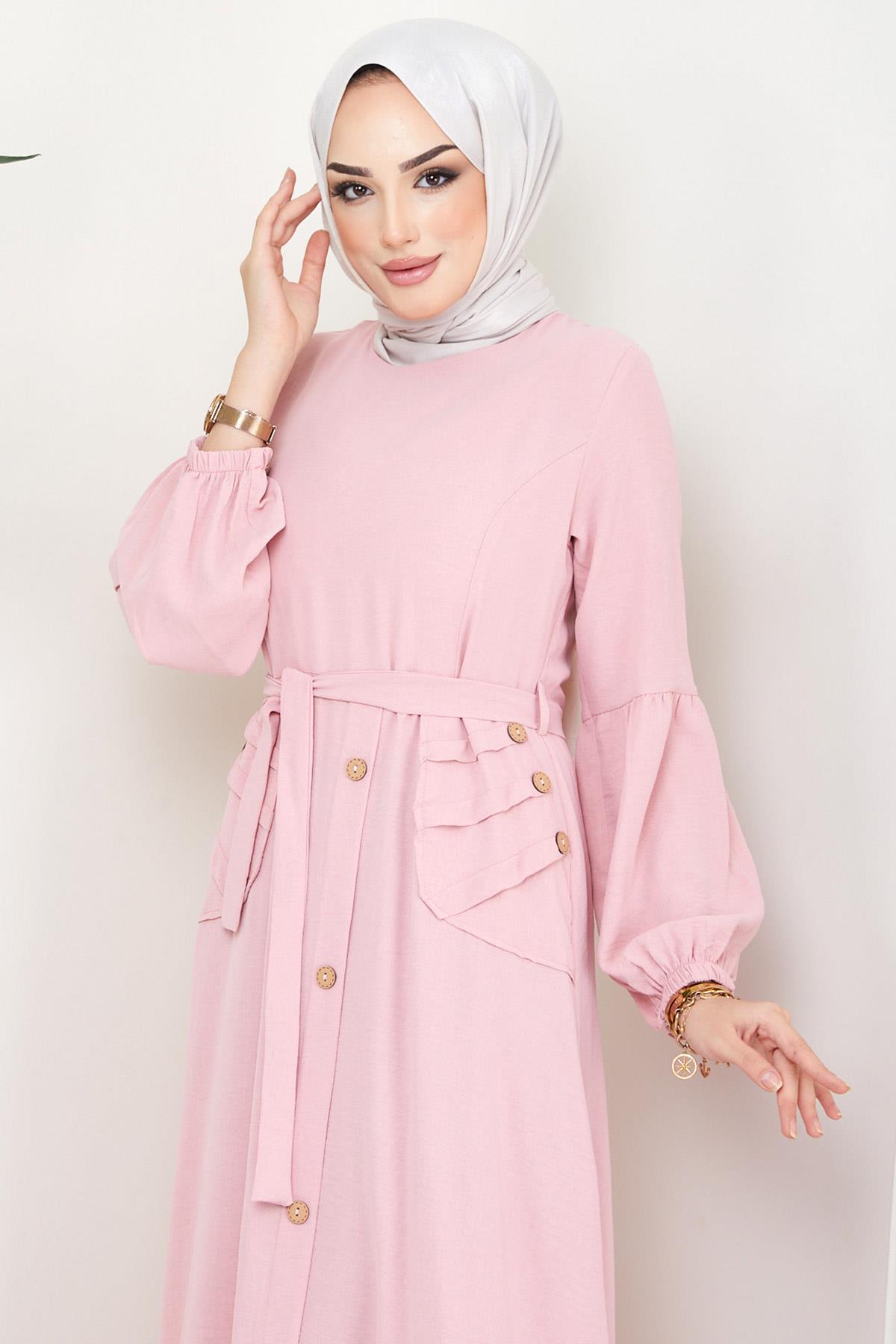 Eteği Düğmeli Ayrobin Elbise Pembe