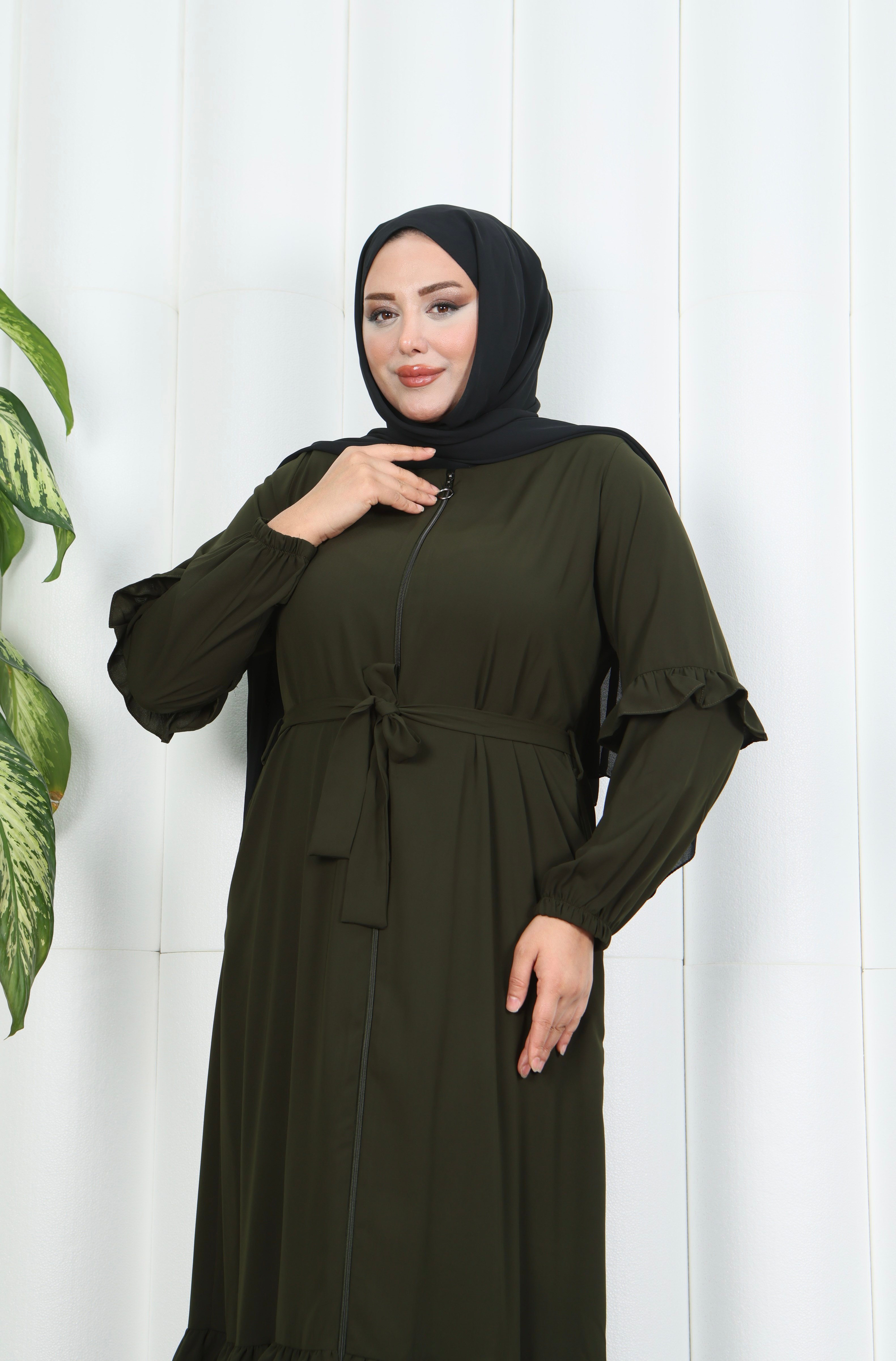 Eteği Ve Kolu  Fırfırlı Ferace Haki   HNT7129