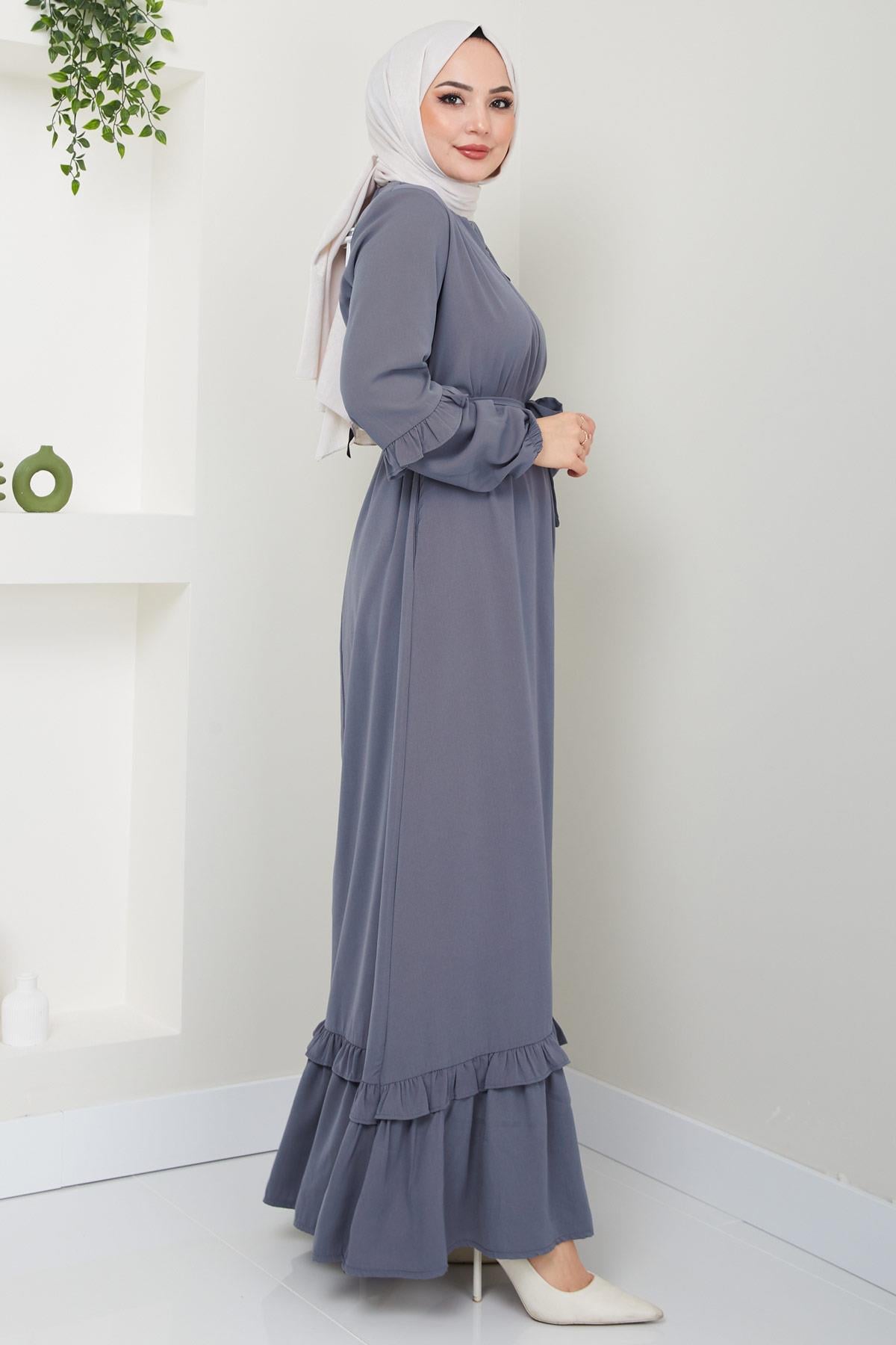 Eteği Volanlı Ferace Gri HM2424