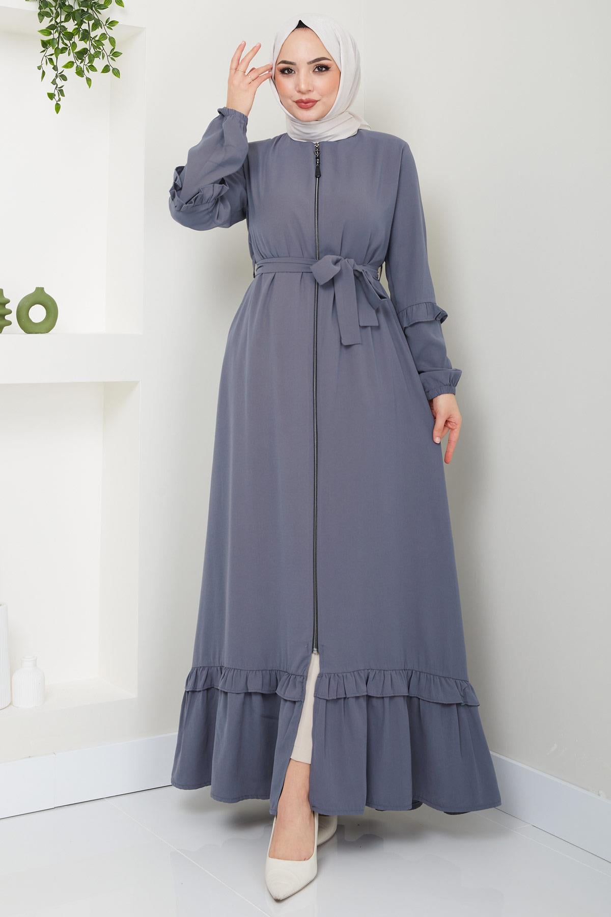 Eteği Volanlı Ferace Gri HM2424