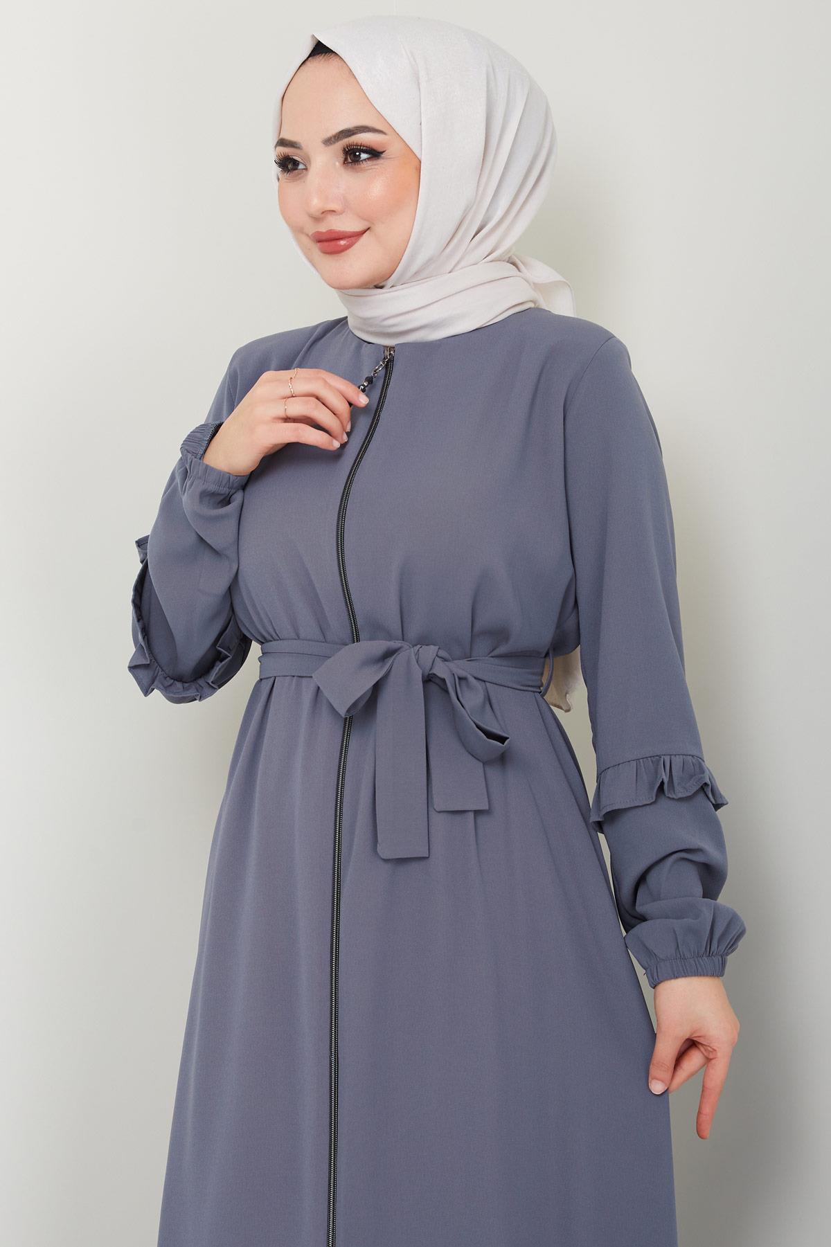 Eteği Volanlı Ferace Gri HM2424