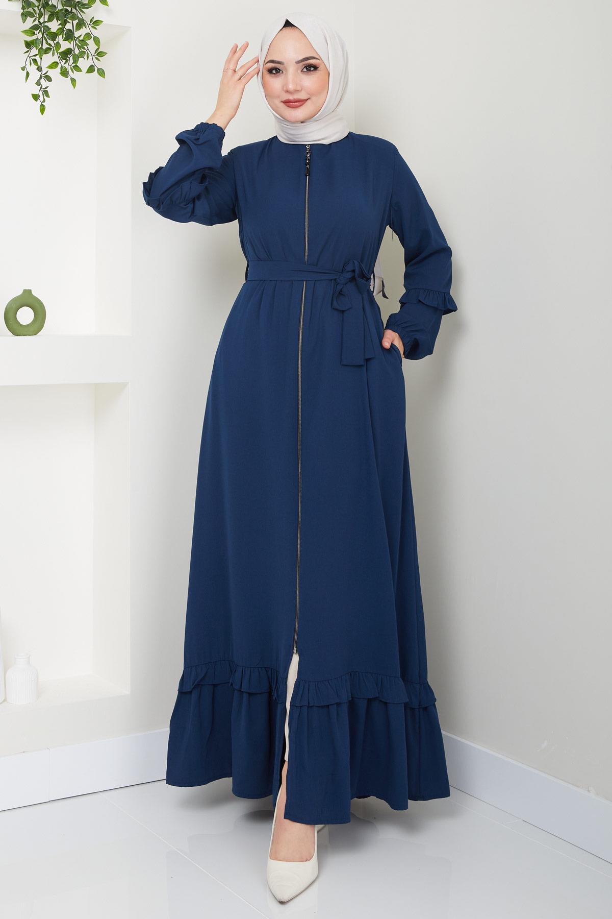 Eteği Volanlı Ferace Lacivert HM2424