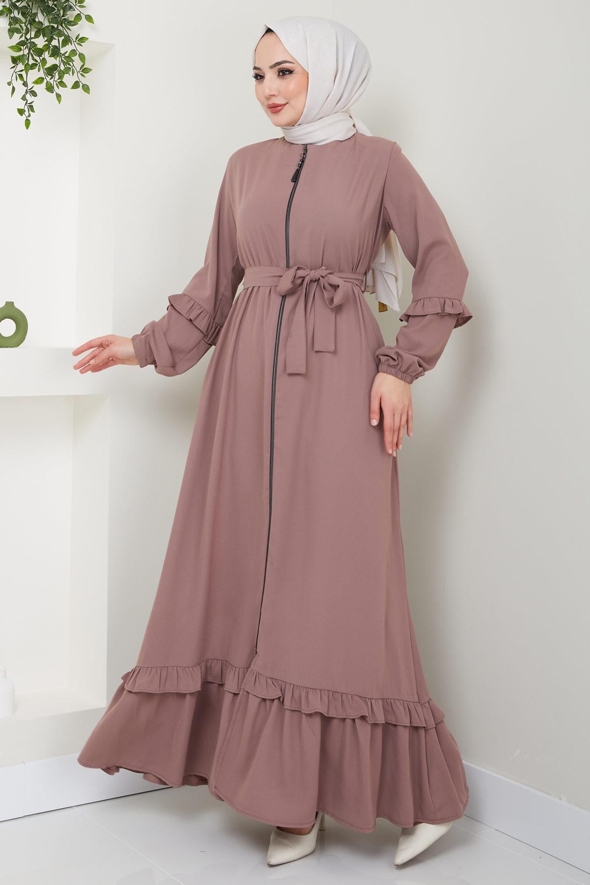 Eteği Volanlı Ferace Pembe HM2424