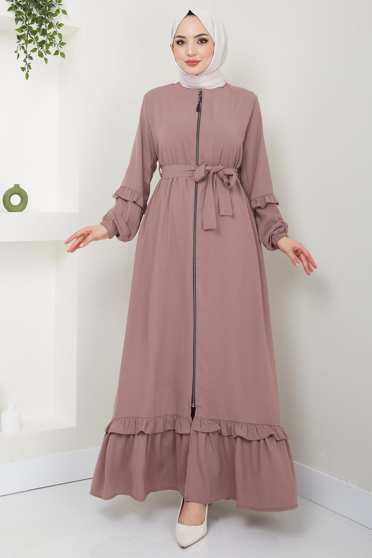 Eteği Volanlı Ferace Pembe HM2424