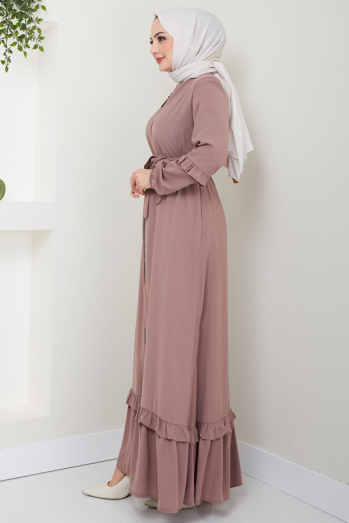 Eteği Volanlı Ferace Pembe HM2424