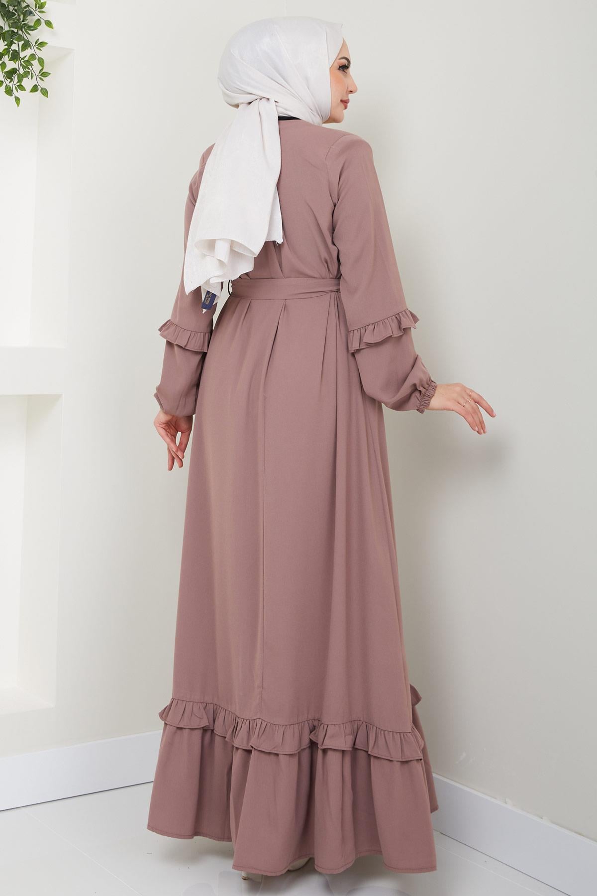 Eteği Volanlı Ferace Pembe HM2424