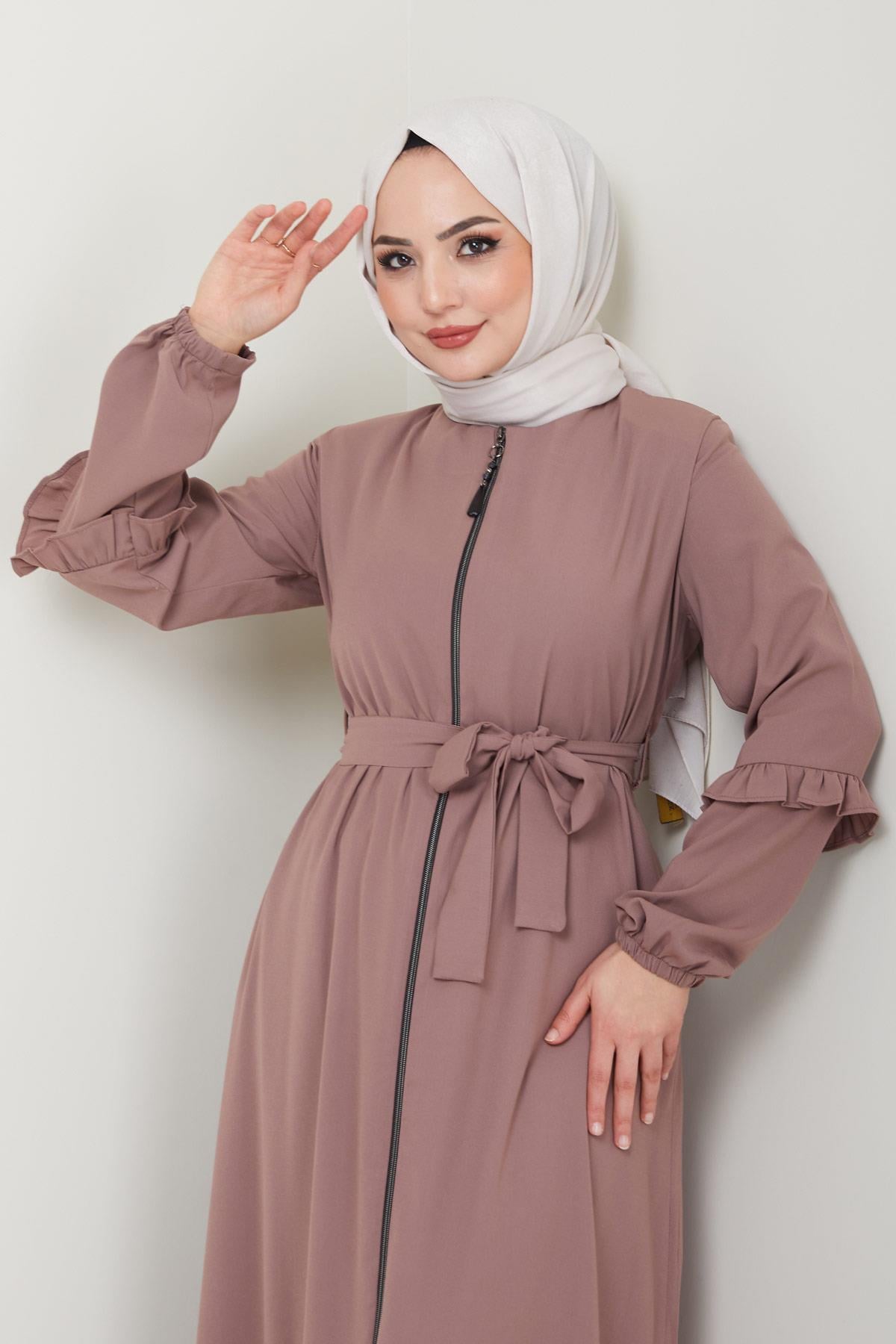 Eteği Volanlı Ferace Pembe HM2424