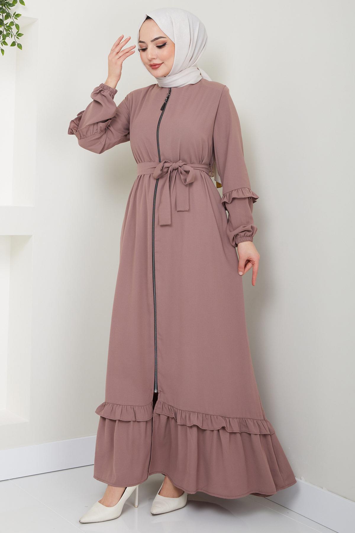 Eteği Volanlı Ferace Pembe HM2424
