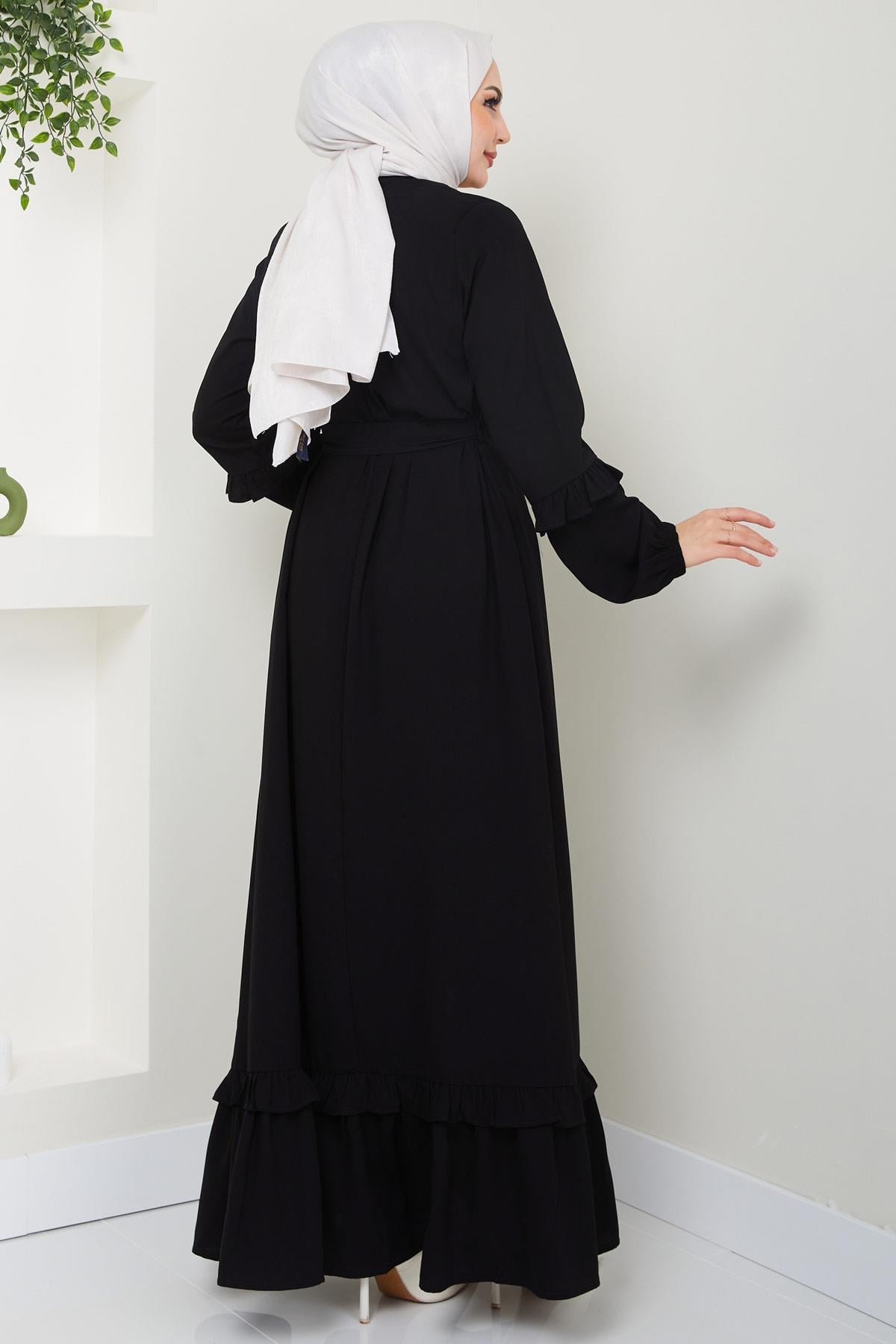 Eteği Volanlı Ferace Siyah HM2424
