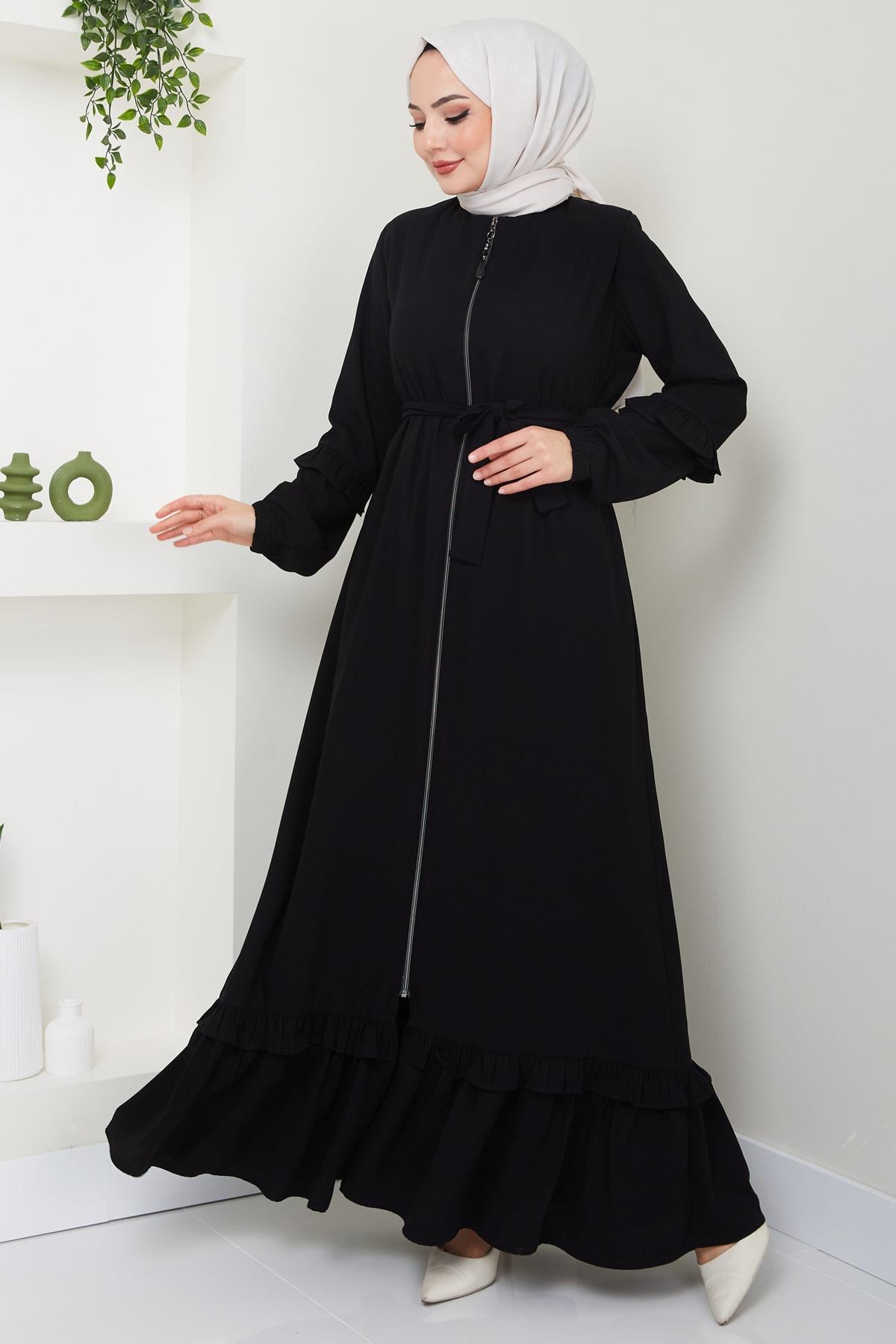 Eteği Volanlı Ferace Siyah HM2424