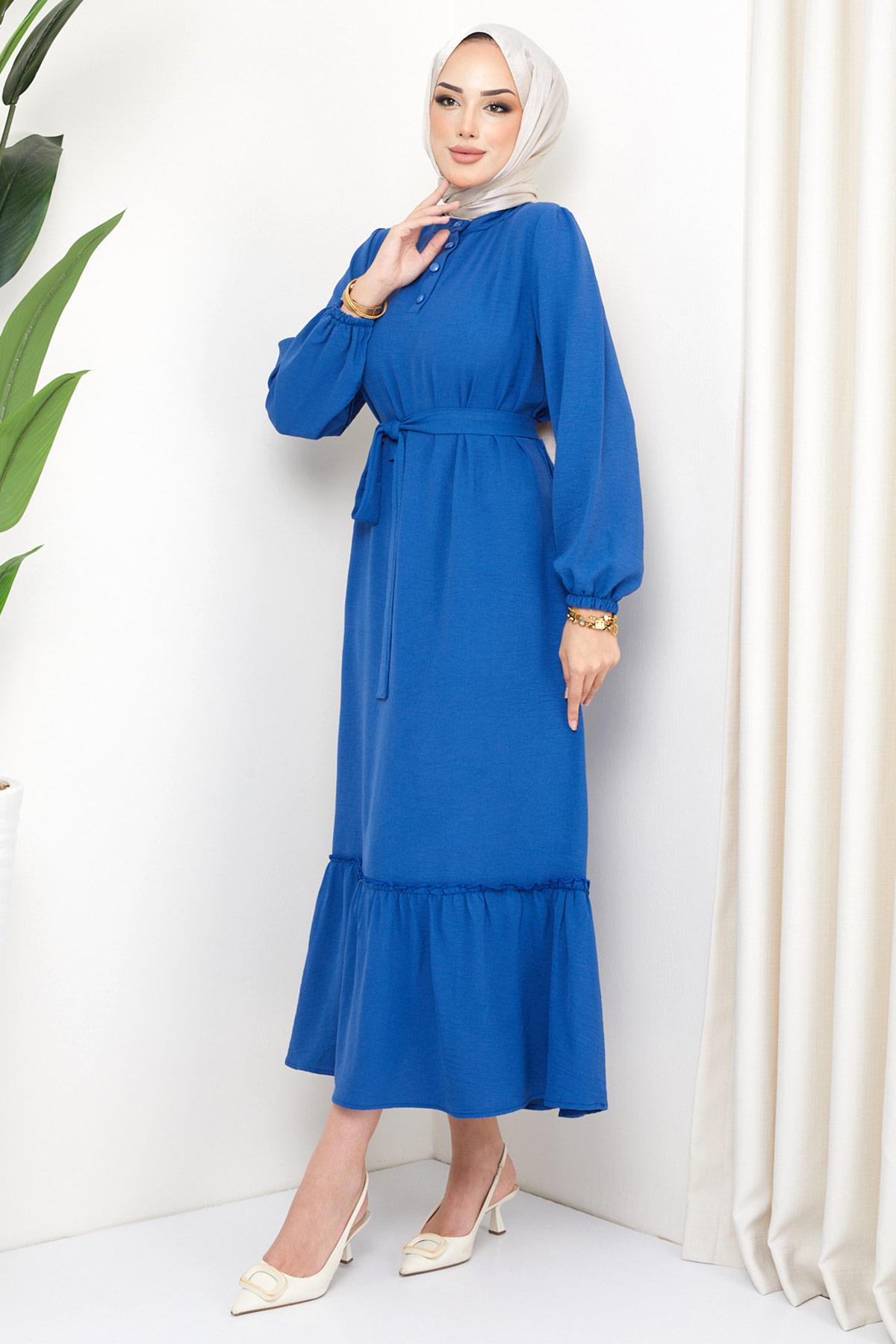 Eteği Volanlı Kuşaklı Aerobin Elbise İndigo HM2154