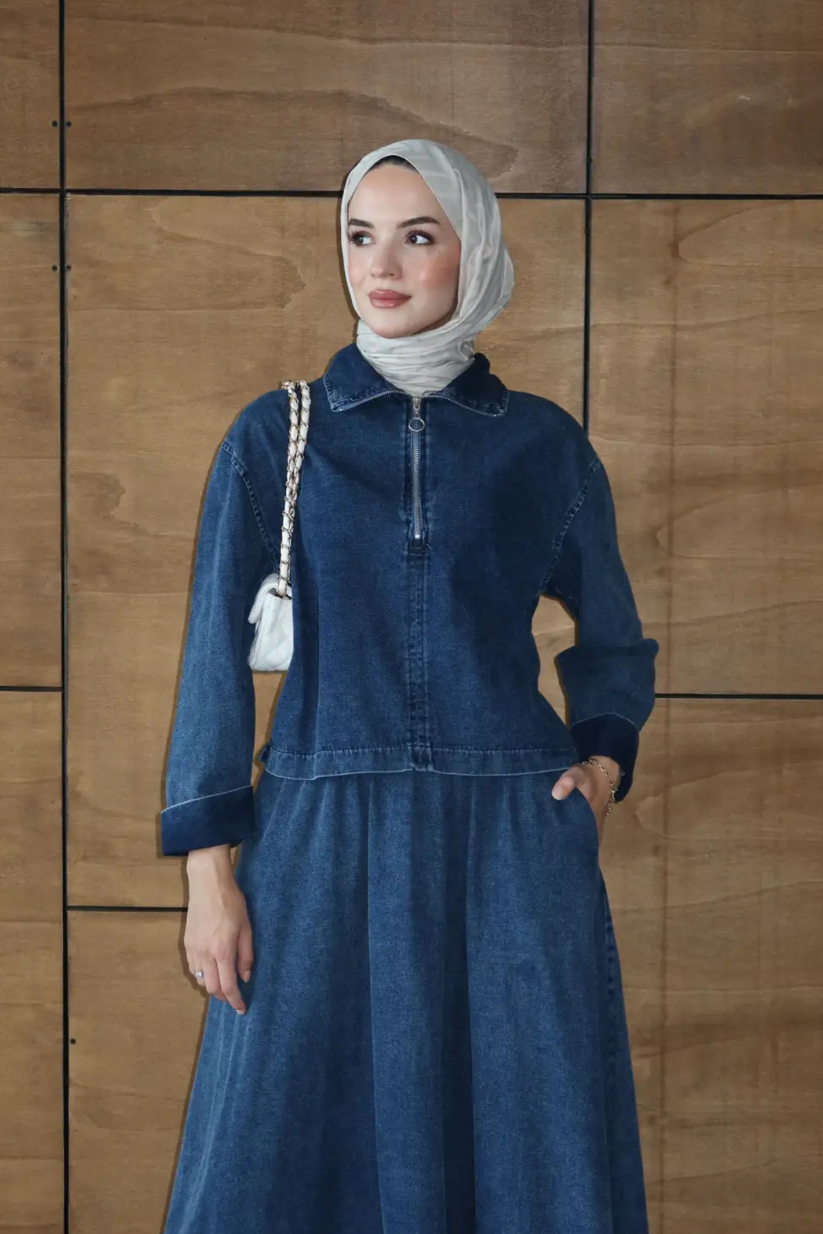 Etekli İkili Takım | Kot Denim Fermuarlı Üst & Uzun Etek