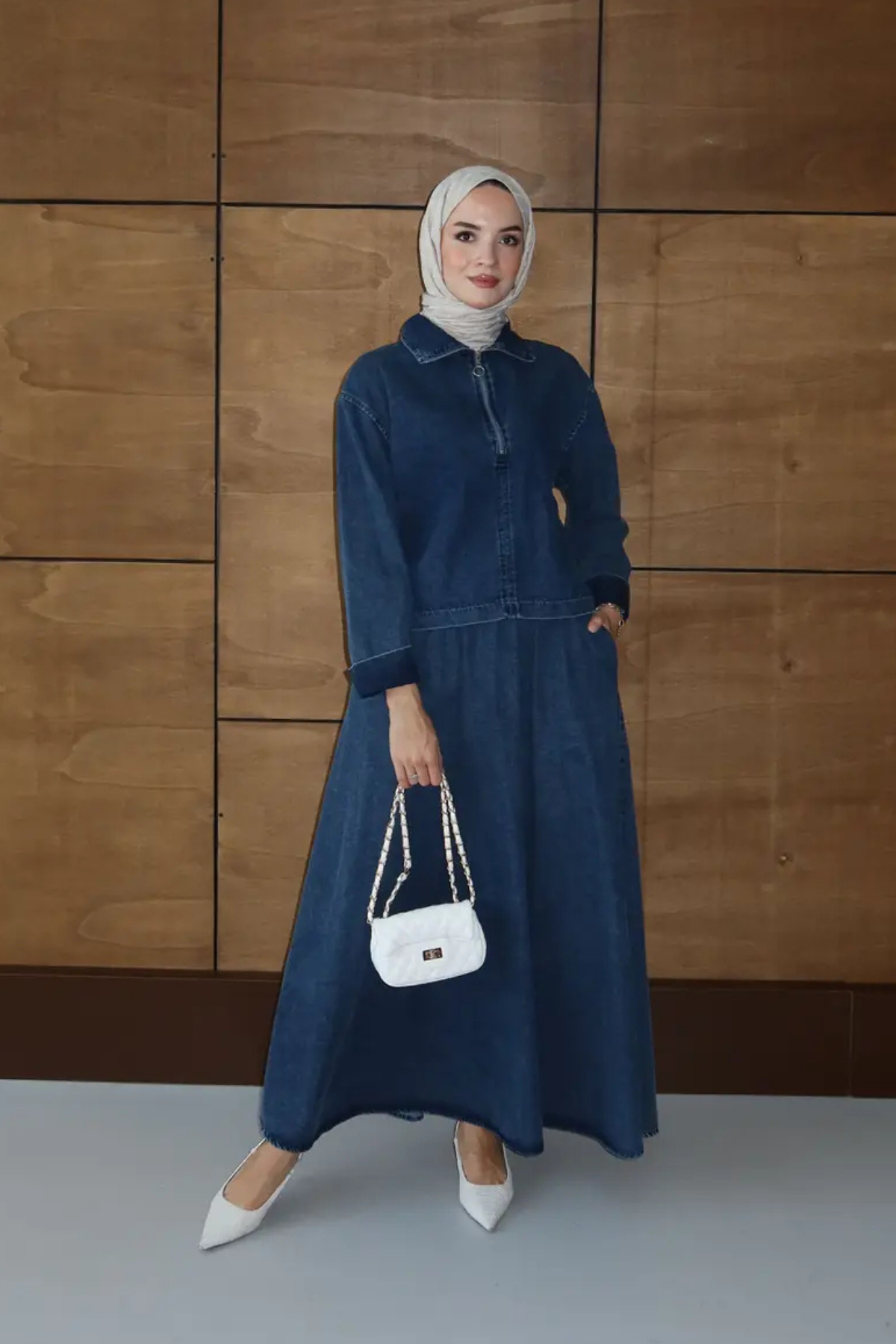 Etekli İkili Takım | Kot Denim Fermuarlı Üst & Uzun Etek