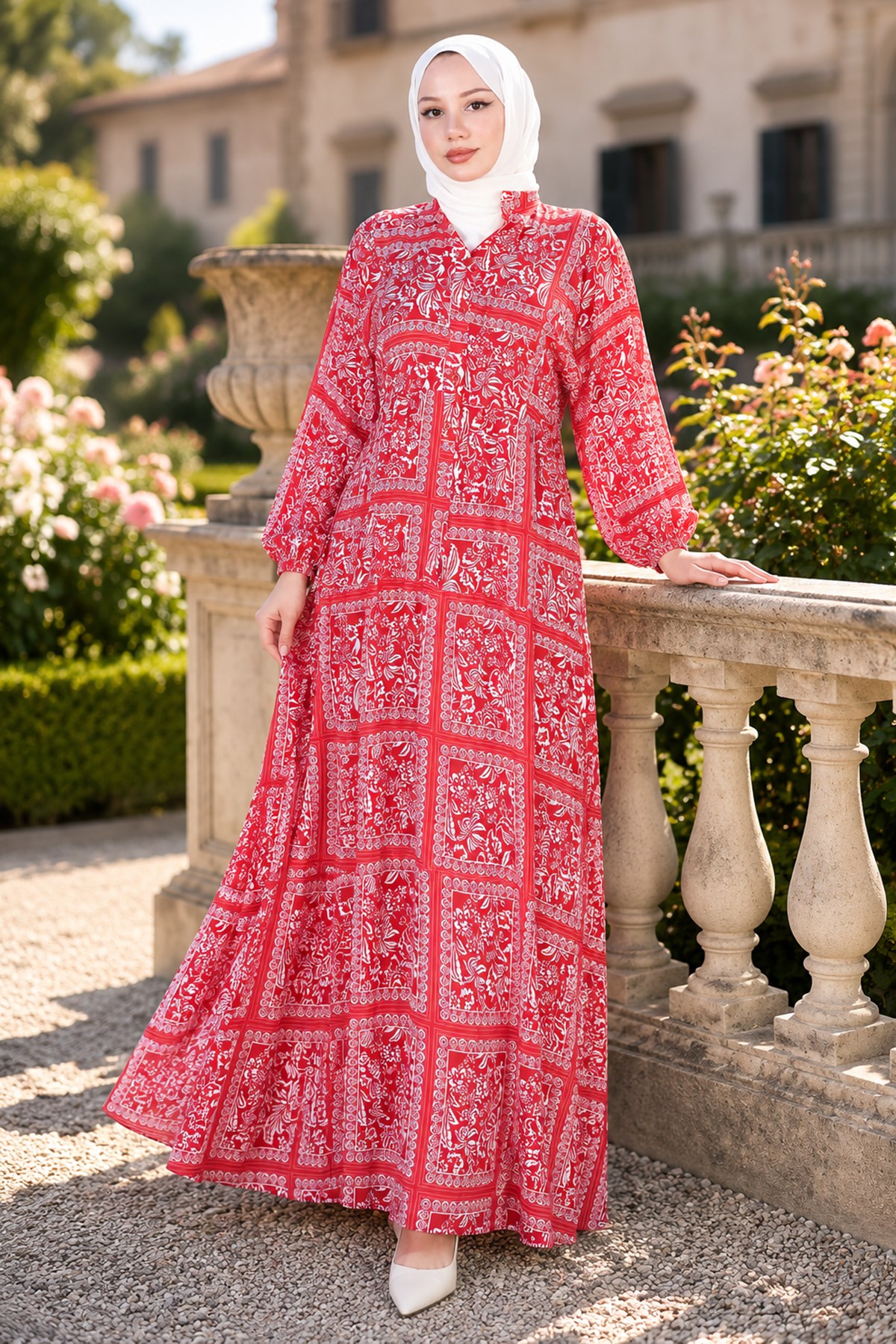 Etnik Desenli Elbise Kırmızı HM262799