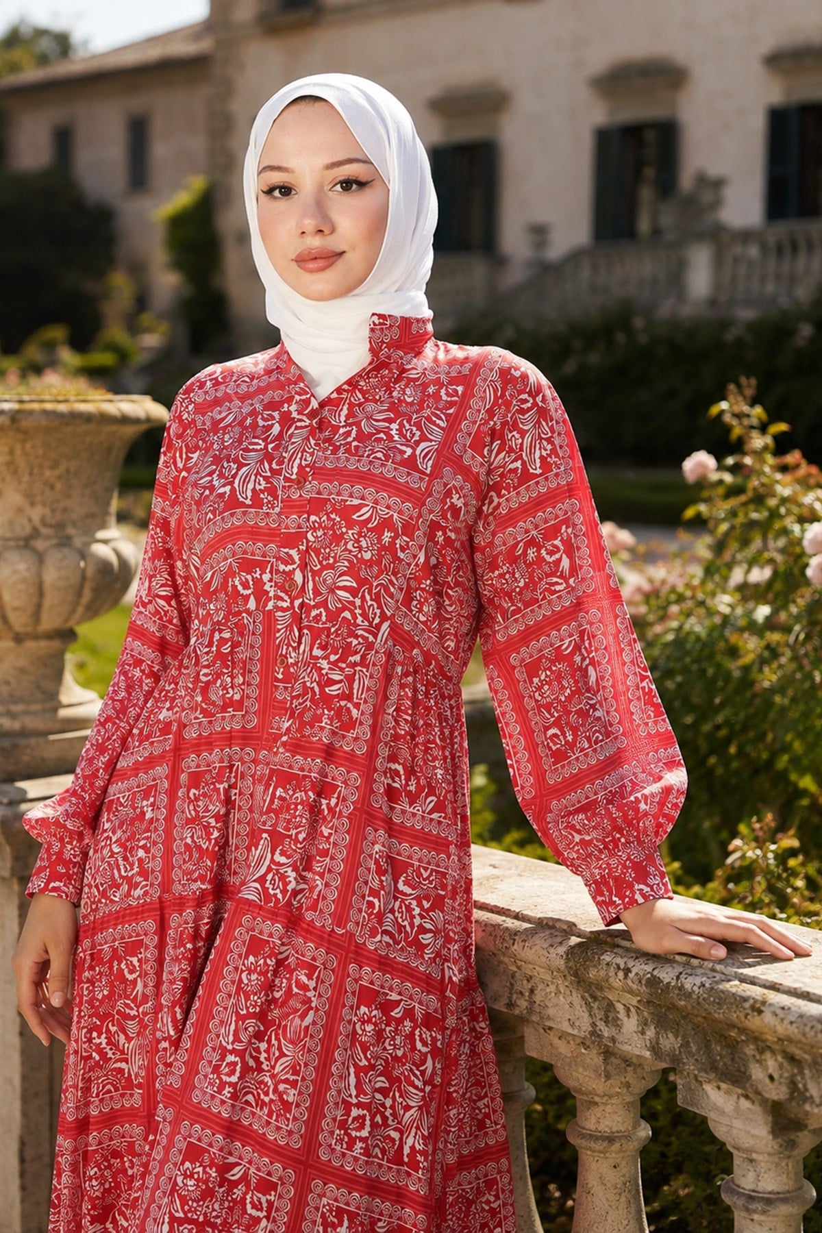 Etnik Desenli Elbise Kırmızı HM262799