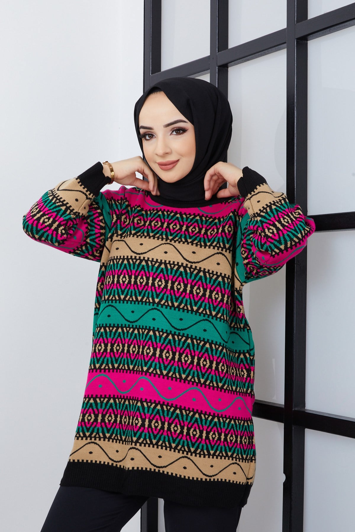 Etnik Desenli Triko Kazak Pembe