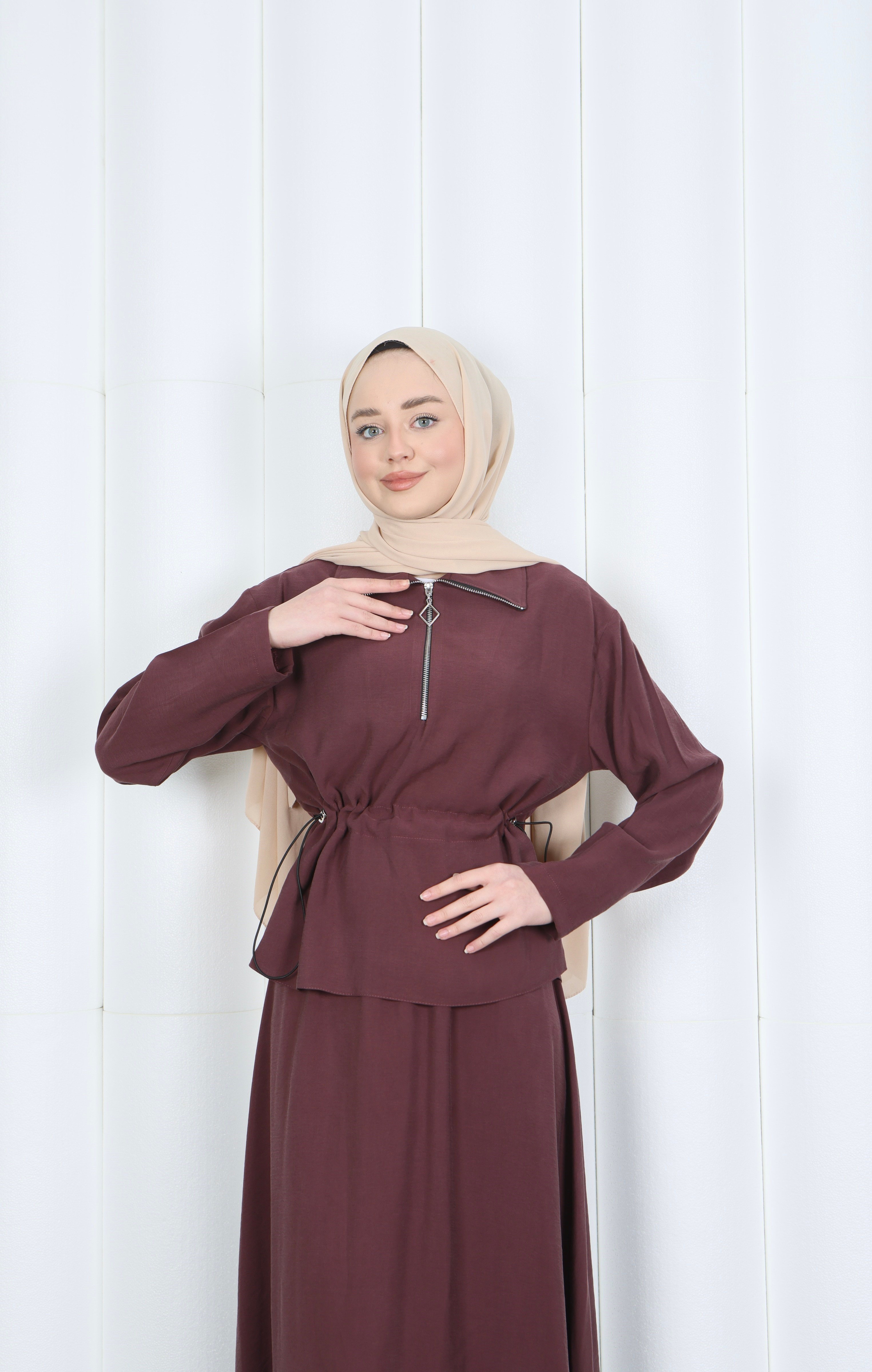 Fermuar Detaylı Beli Ayarlanabilir Tesettür Etekli Takım Bordo  HNT8598