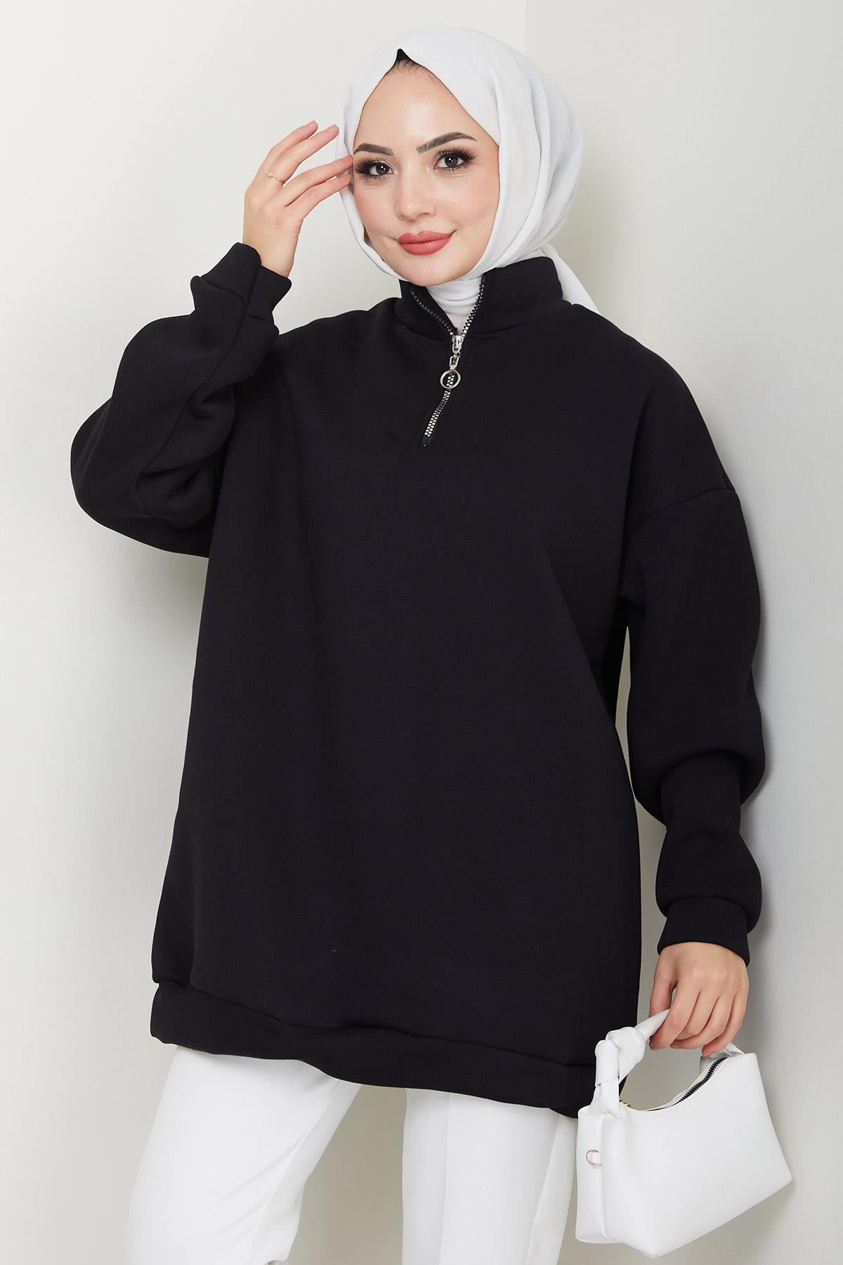 Fermuarlı 3 İplik Şardonlu Dik Yaka Sweatshirt Tunik Siyah HM2650