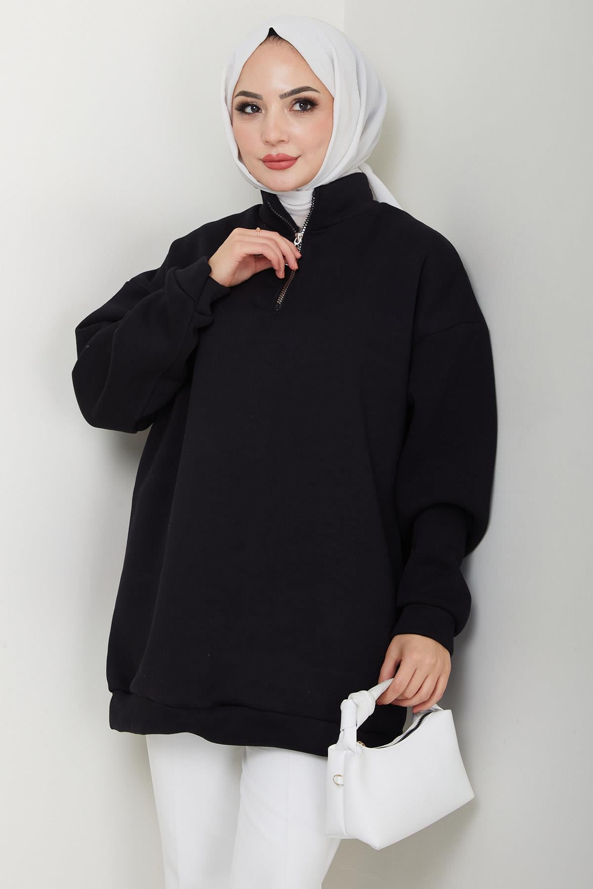 Fermuarlı 3 İplik Şardonlu Dik Yaka Sweatshirt Tunik Siyah HM2650