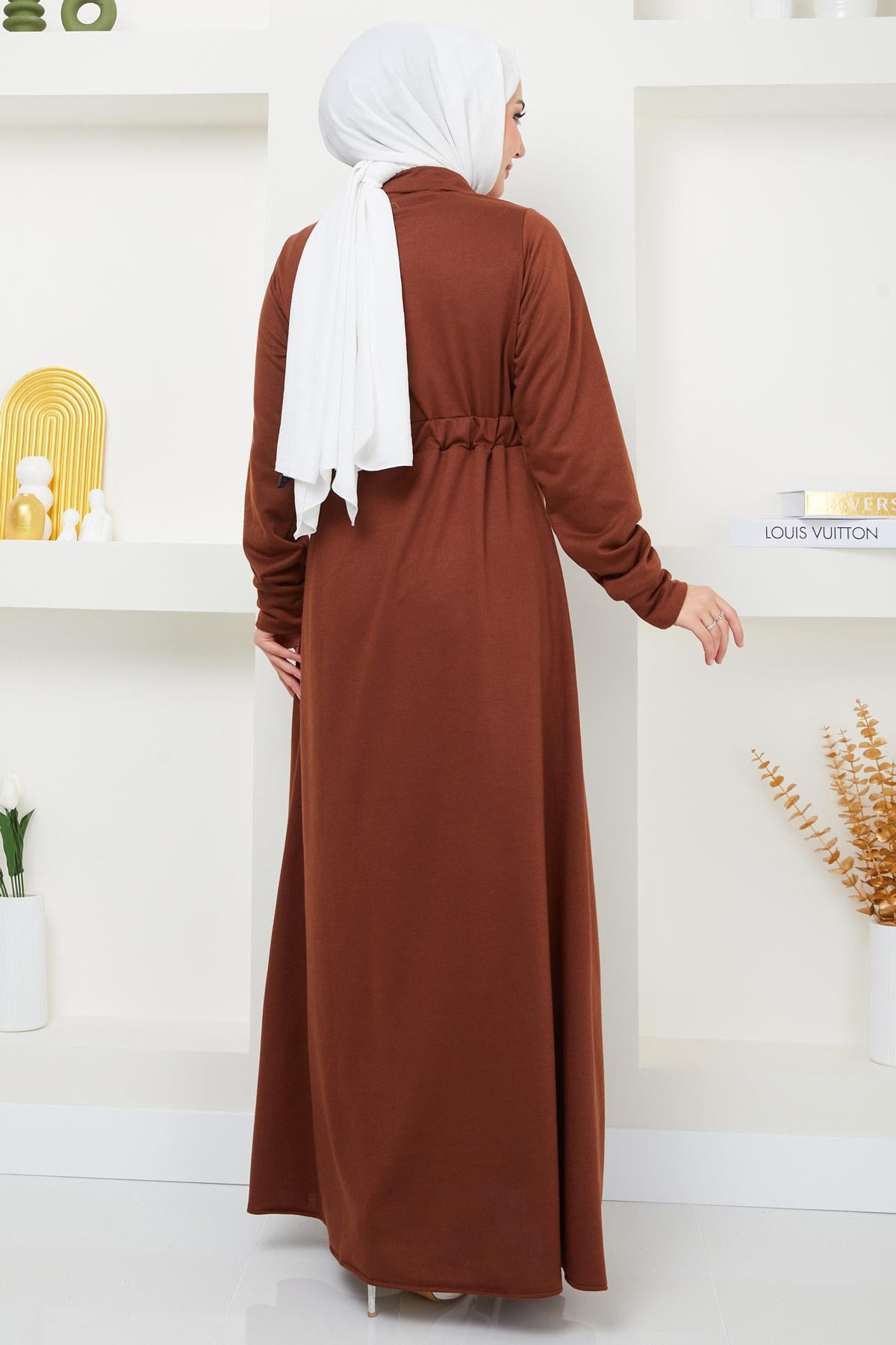 Fermuarlı Bağlamalı İki İplik Elbise Kahverengi HM2379