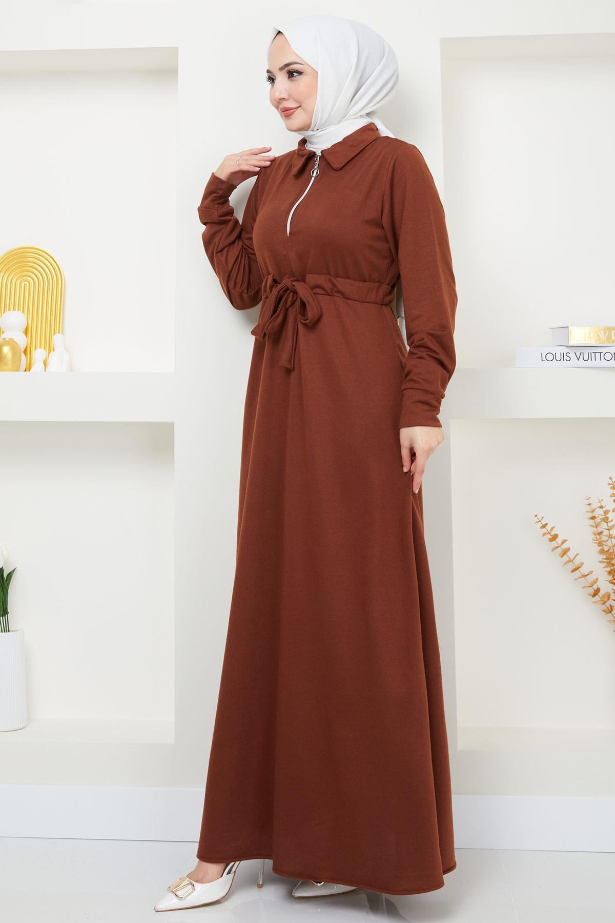 Fermuarlı Bağlamalı İki İplik Elbise Kahverengi HM2379