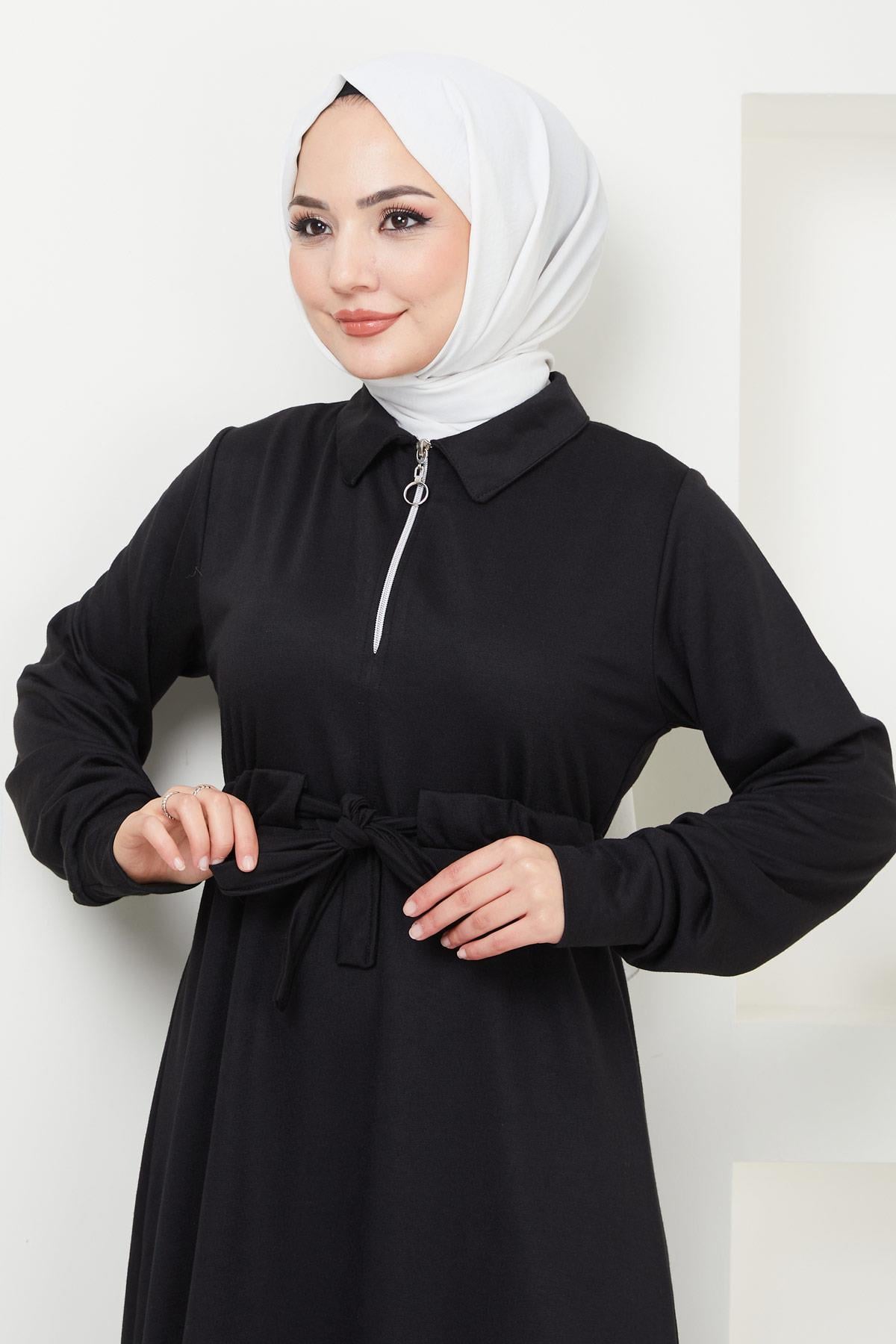 Fermuarlı Bağlamalı İki İplik Elbise Siyah HM2379