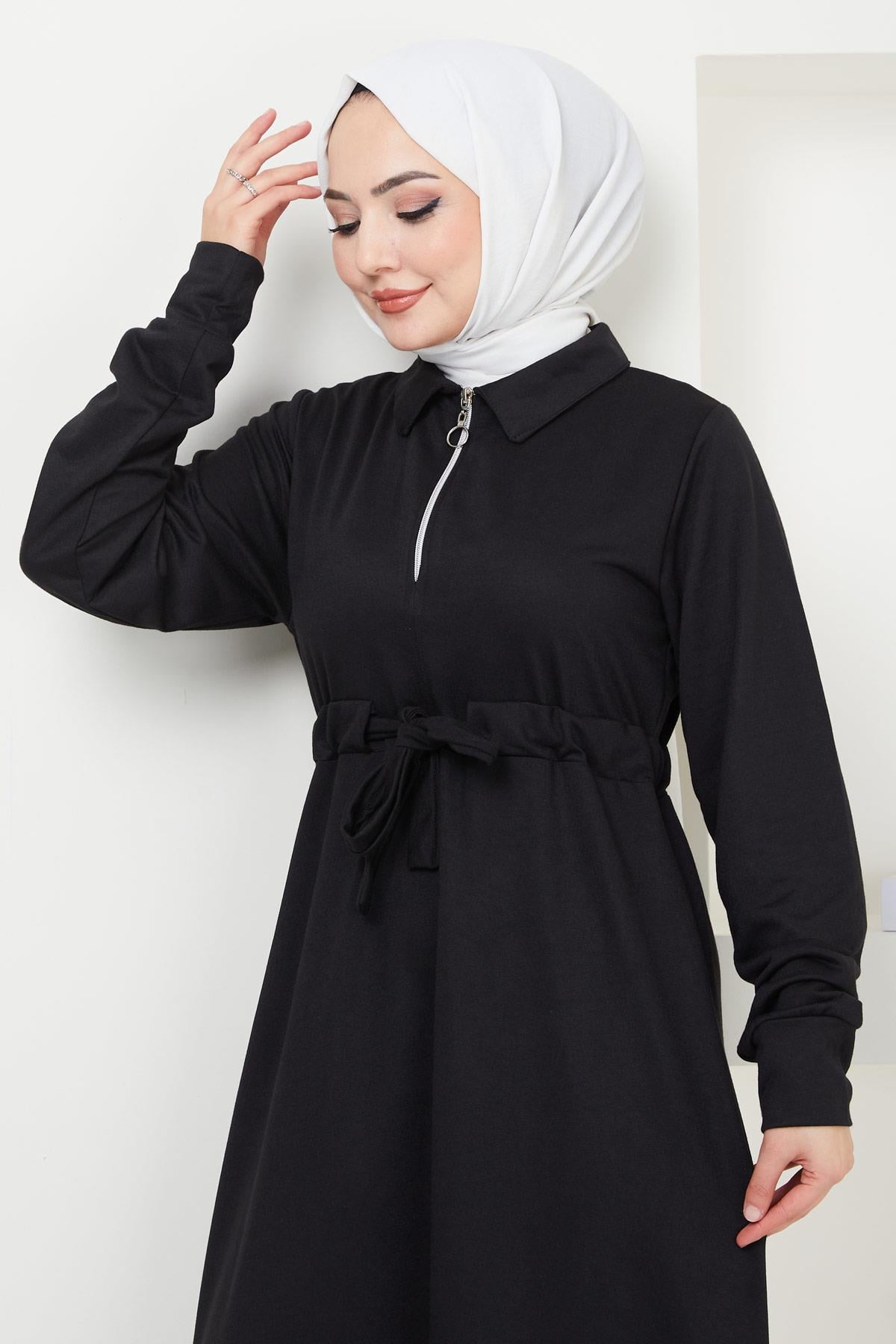Fermuarlı Bağlamalı İki İplik Elbise Siyah HM2379