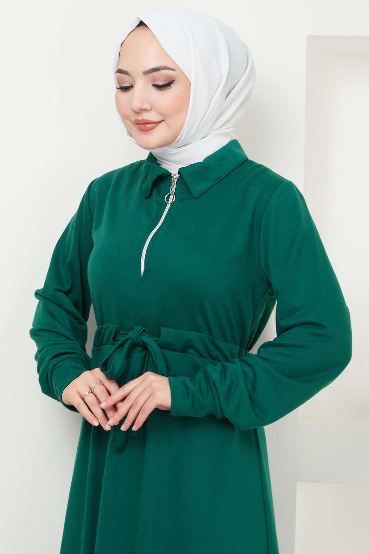 Fermuarlı Bağlamalı İki İplik Elbise Zümrüt HM2379