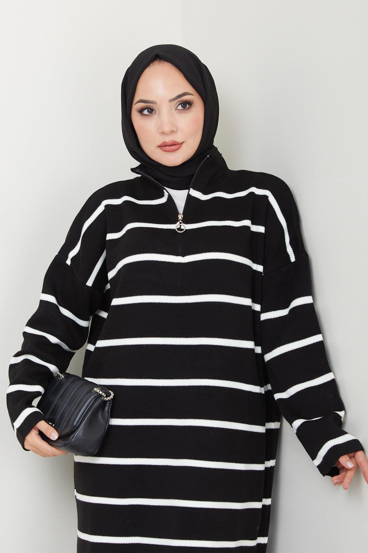 Fermuarlı Çizgili Triko Elbise Siyah HM2528