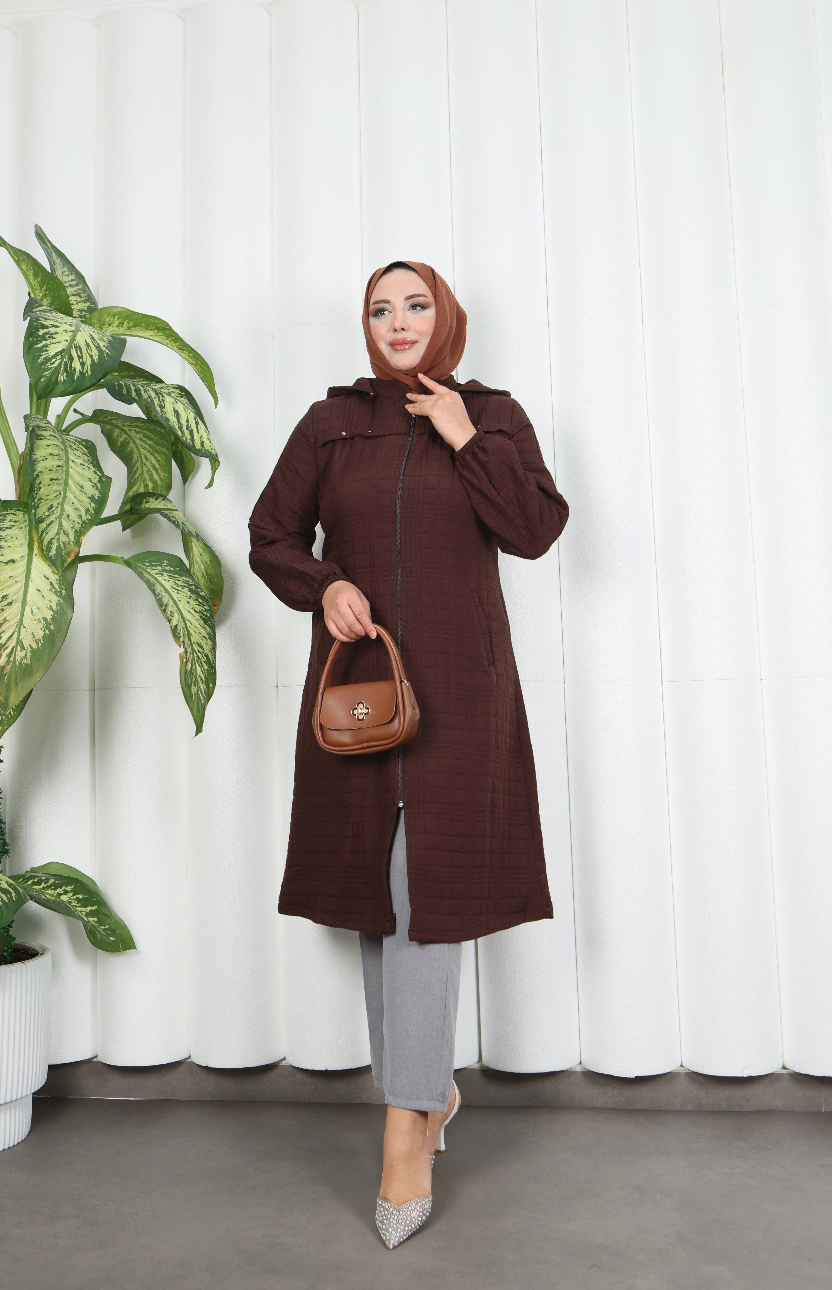 Fermuarlı Kapitone  Uzun Kap ACI KAHVE  HNT8581