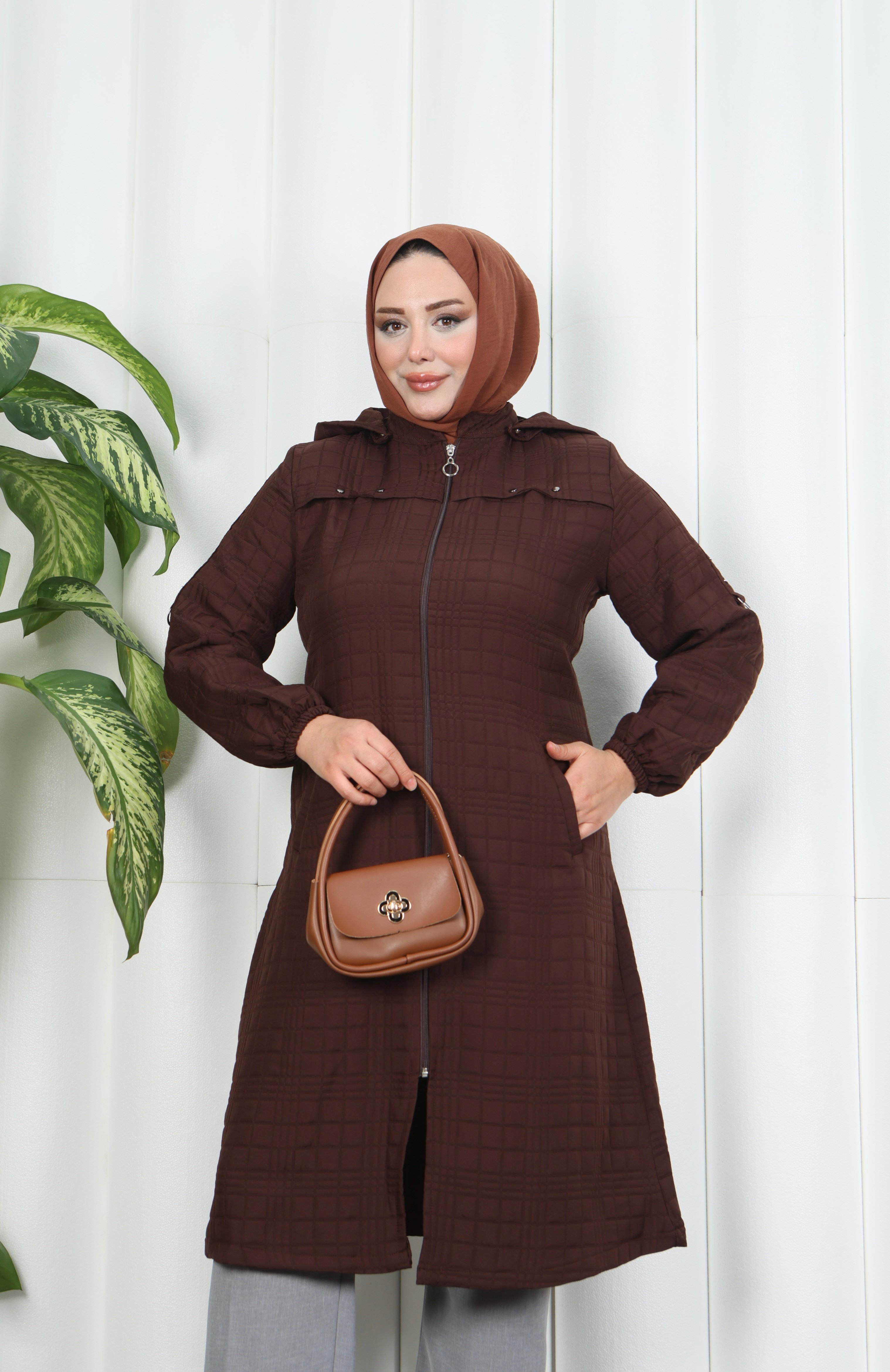 Fermuarlı Kapitone  Uzun Kap ACI KAHVE  HNT8581