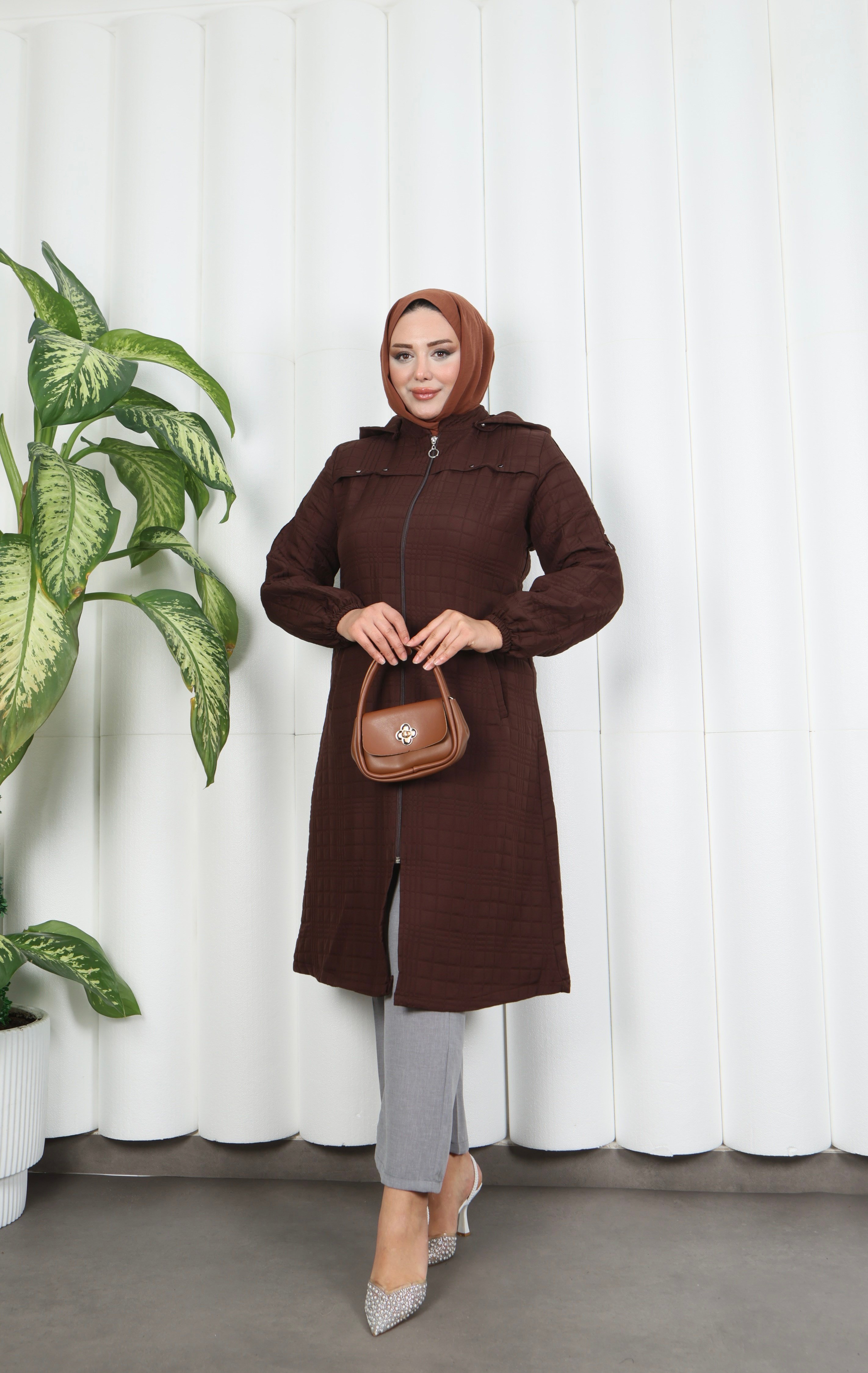 Fermuarlı Kapitone  Uzun Kap ACI KAHVE  HNT8581