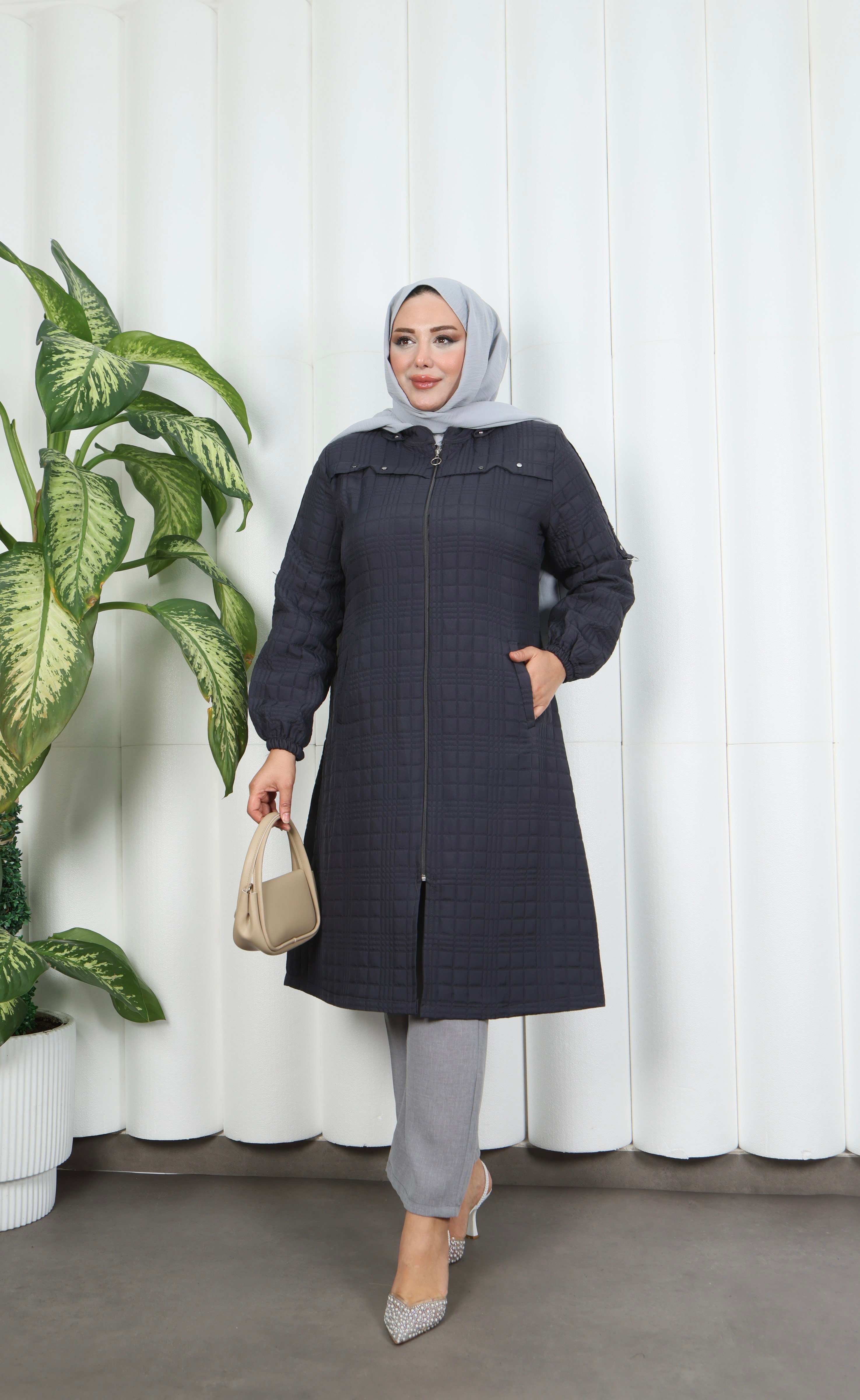 Fermuarlı Kapitone  Uzun Kap KOYU GRİ HNT8581