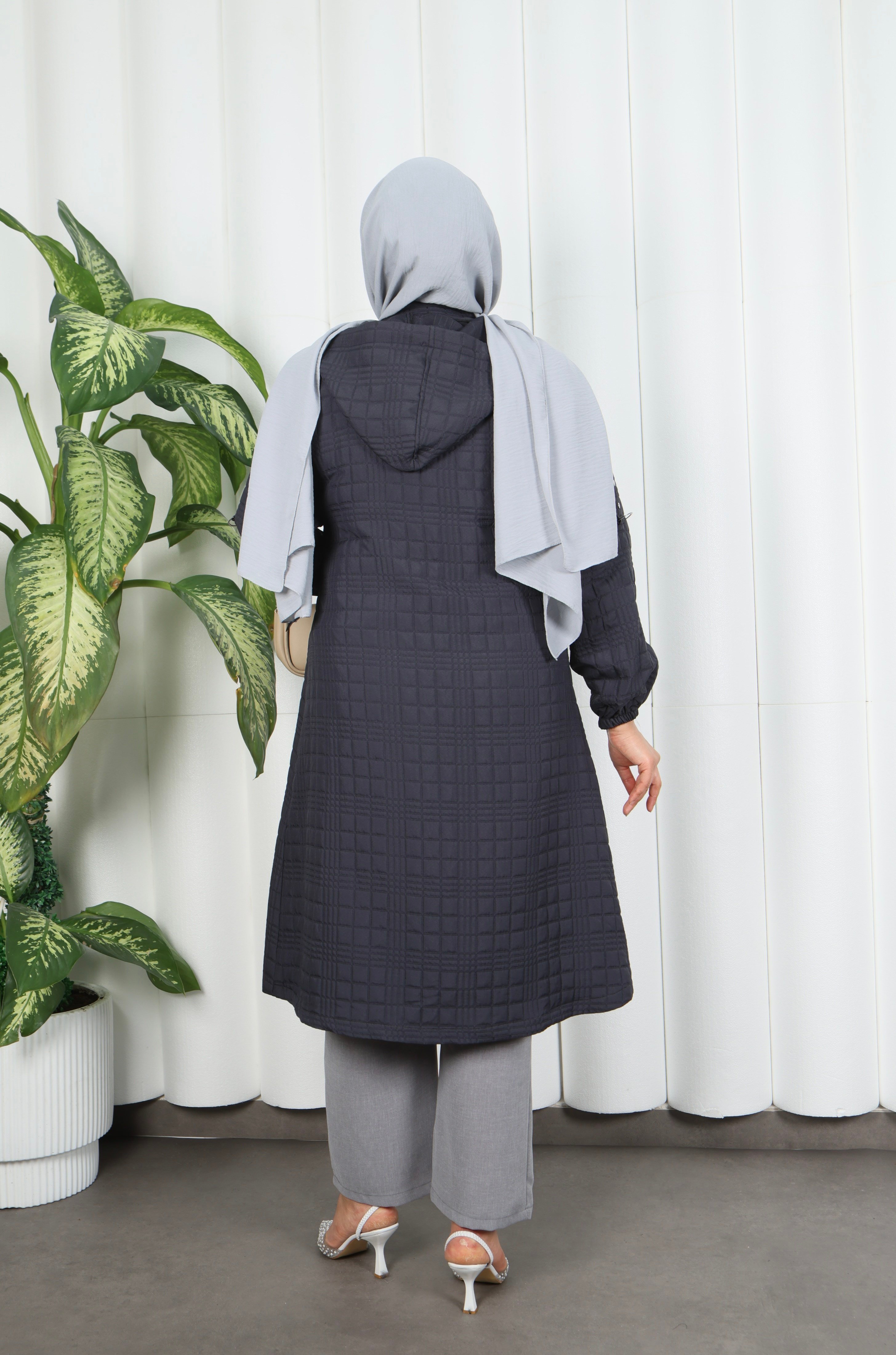 Fermuarlı Kapitone  Uzun Kap KOYU GRİ HNT8581