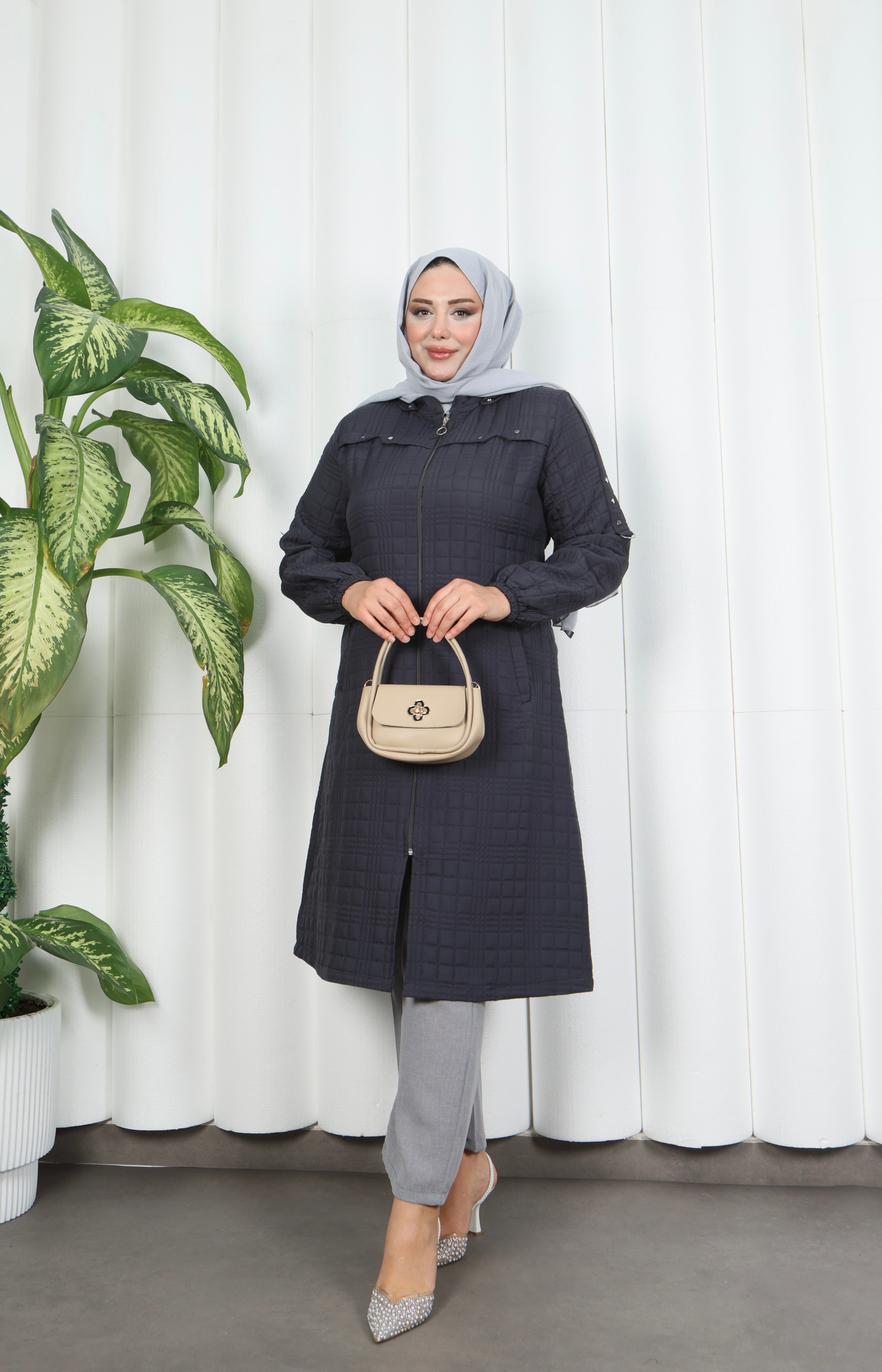 Fermuarlı Kapitone  Uzun Kap KOYU GRİ HNT8581