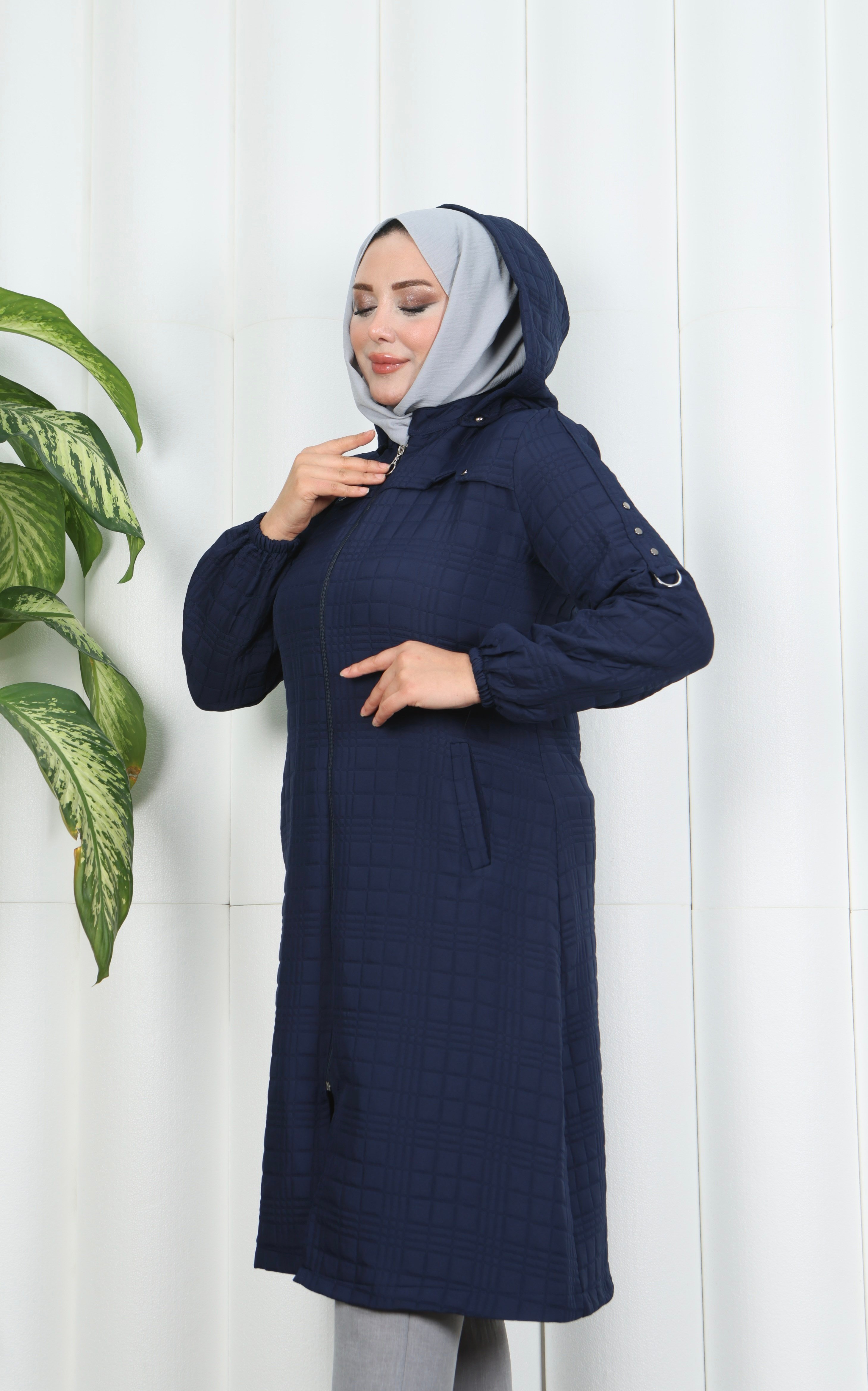 Fermuarlı Kapitone  Uzun Kap LACİVERT HNT8581