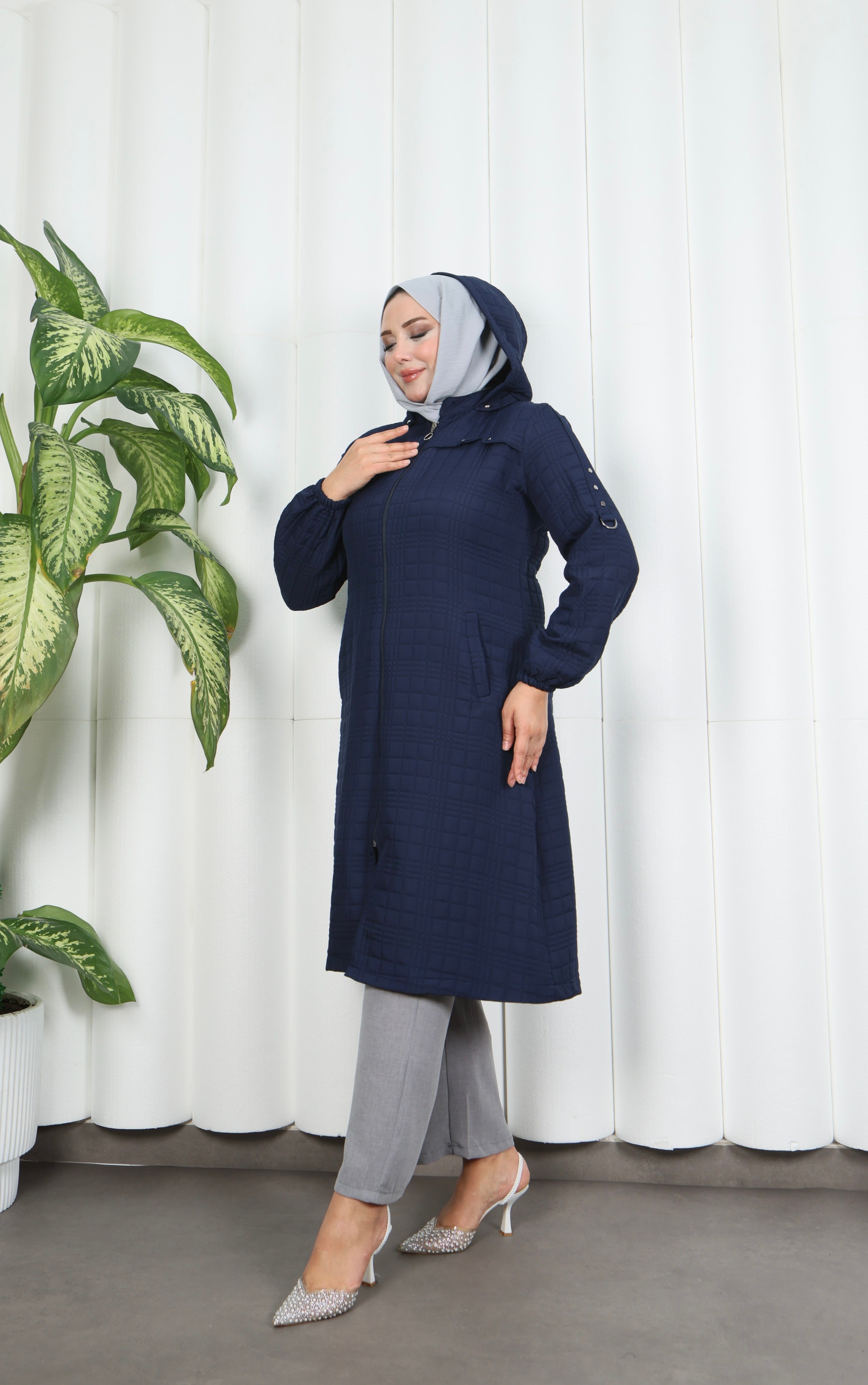 Fermuarlı Kapitone  Uzun Kap LACİVERT HNT8581