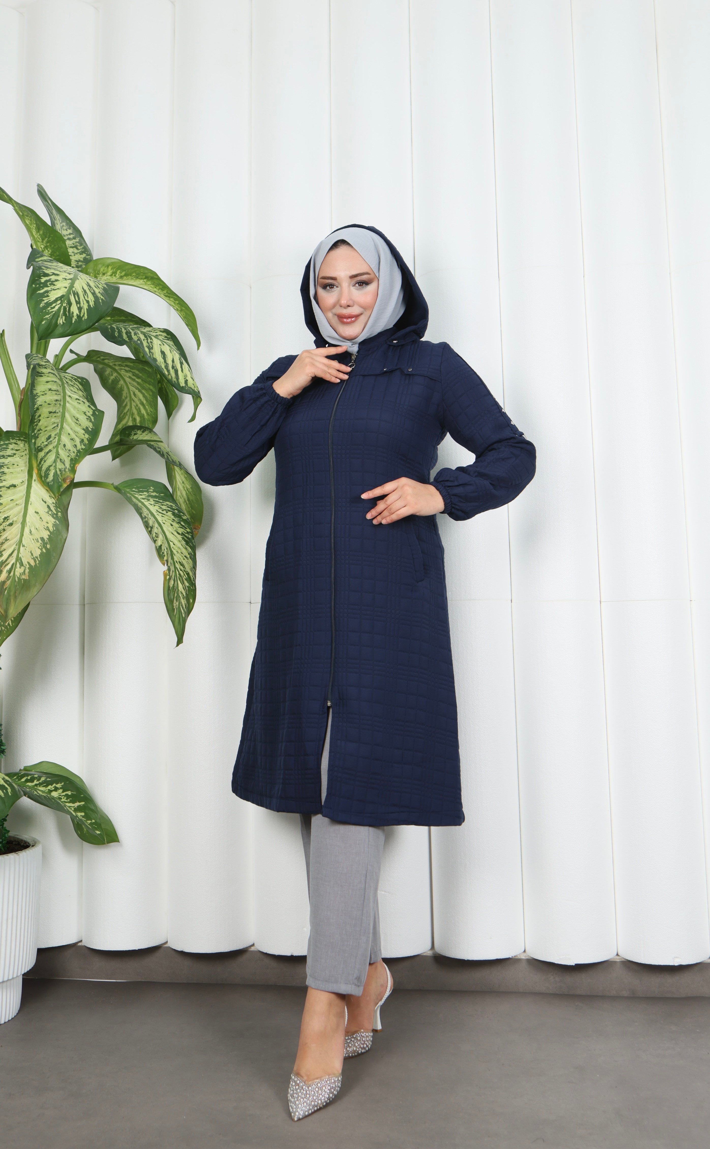 Fermuarlı Kapitone  Uzun Kap LACİVERT HNT8581