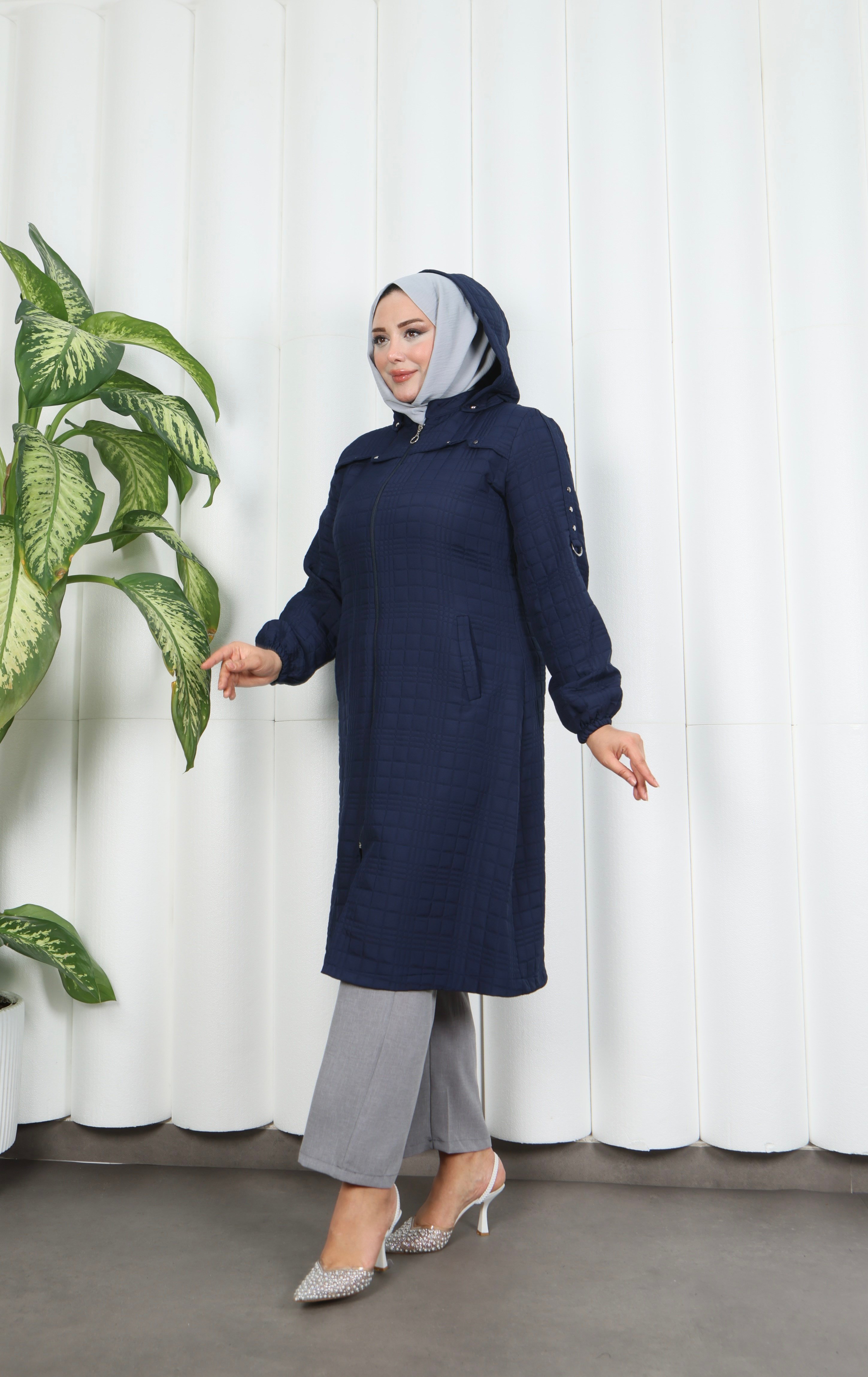 Fermuarlı Kapitone  Uzun Kap LACİVERT HNT8581