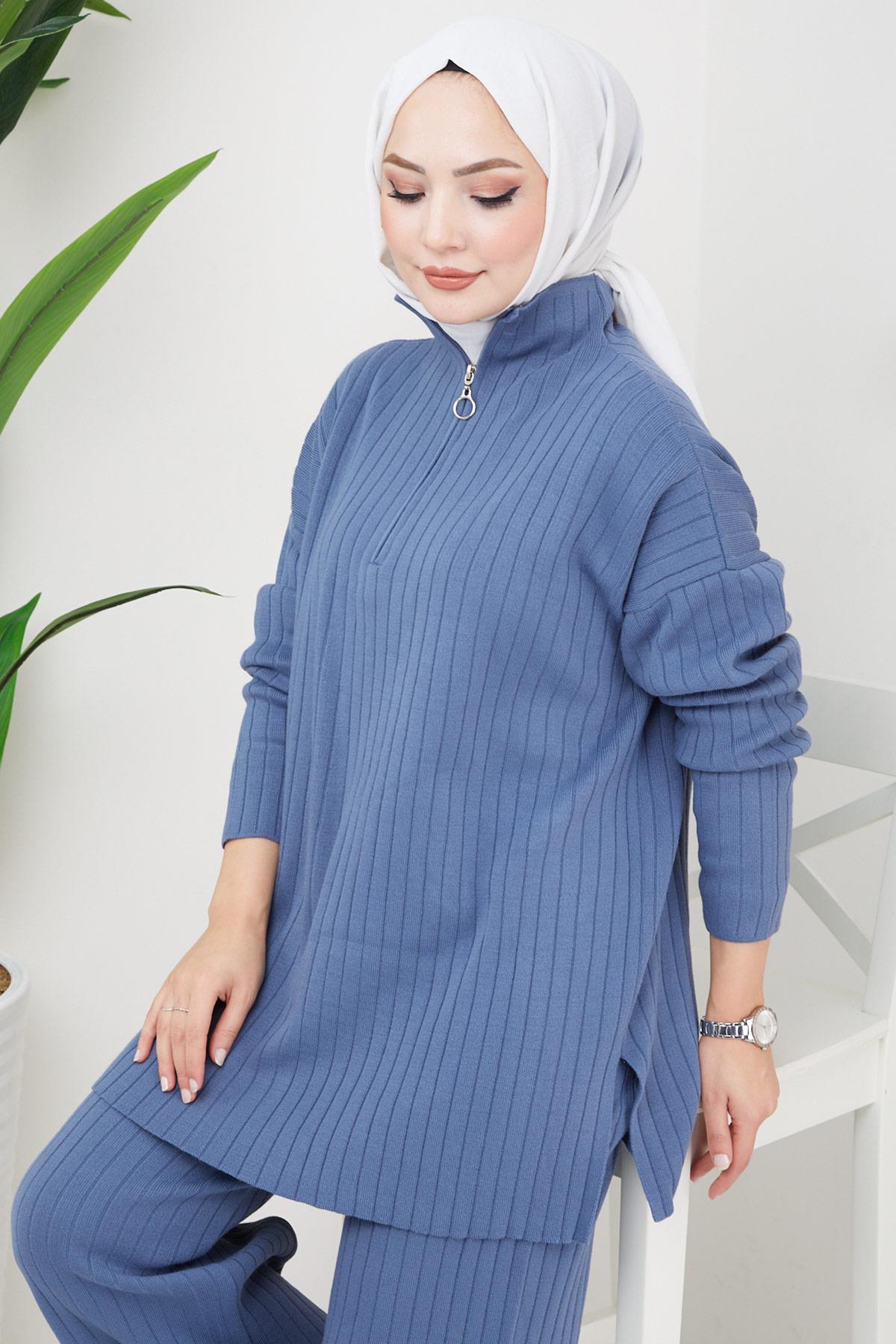 Fermuarlı Triko Takım İndigo HM2237