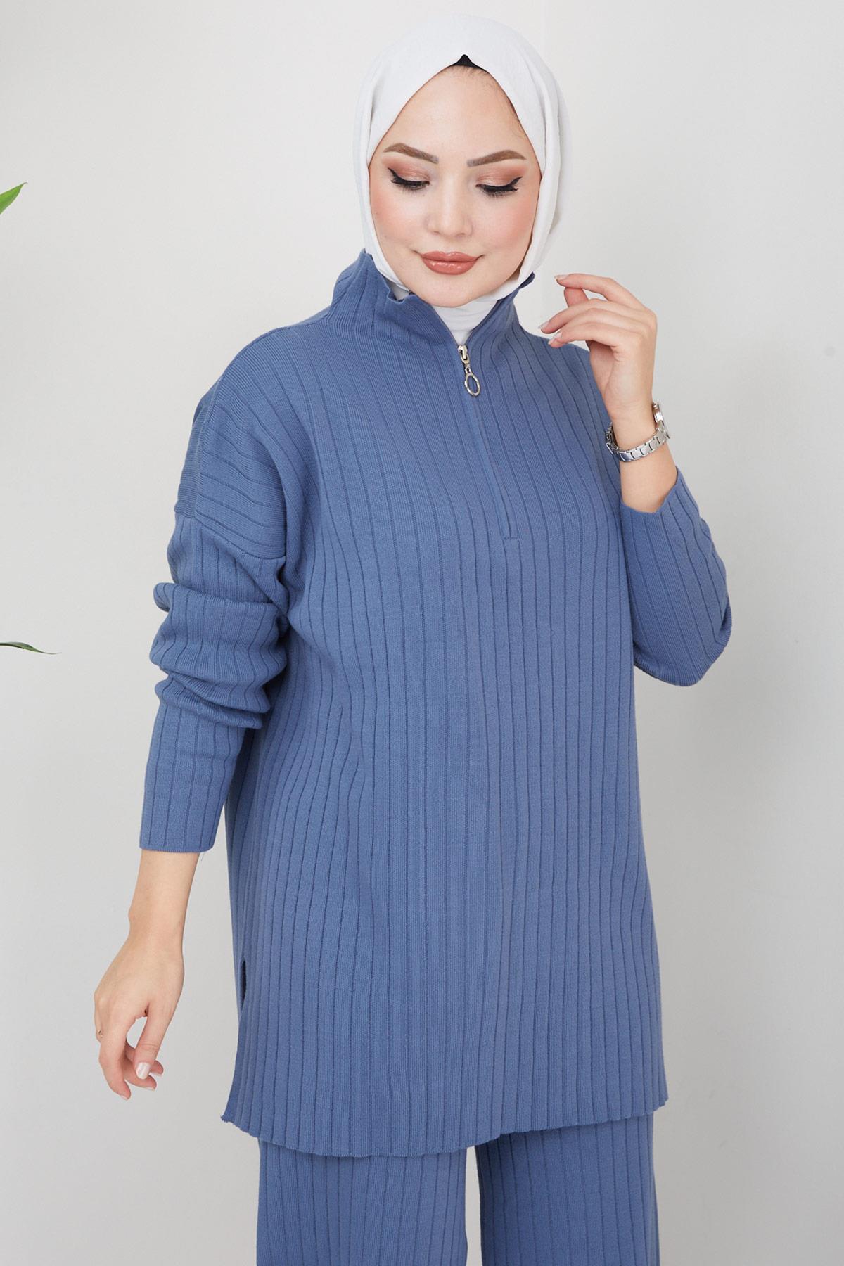 Fermuarlı Triko Takım İndigo HM2237