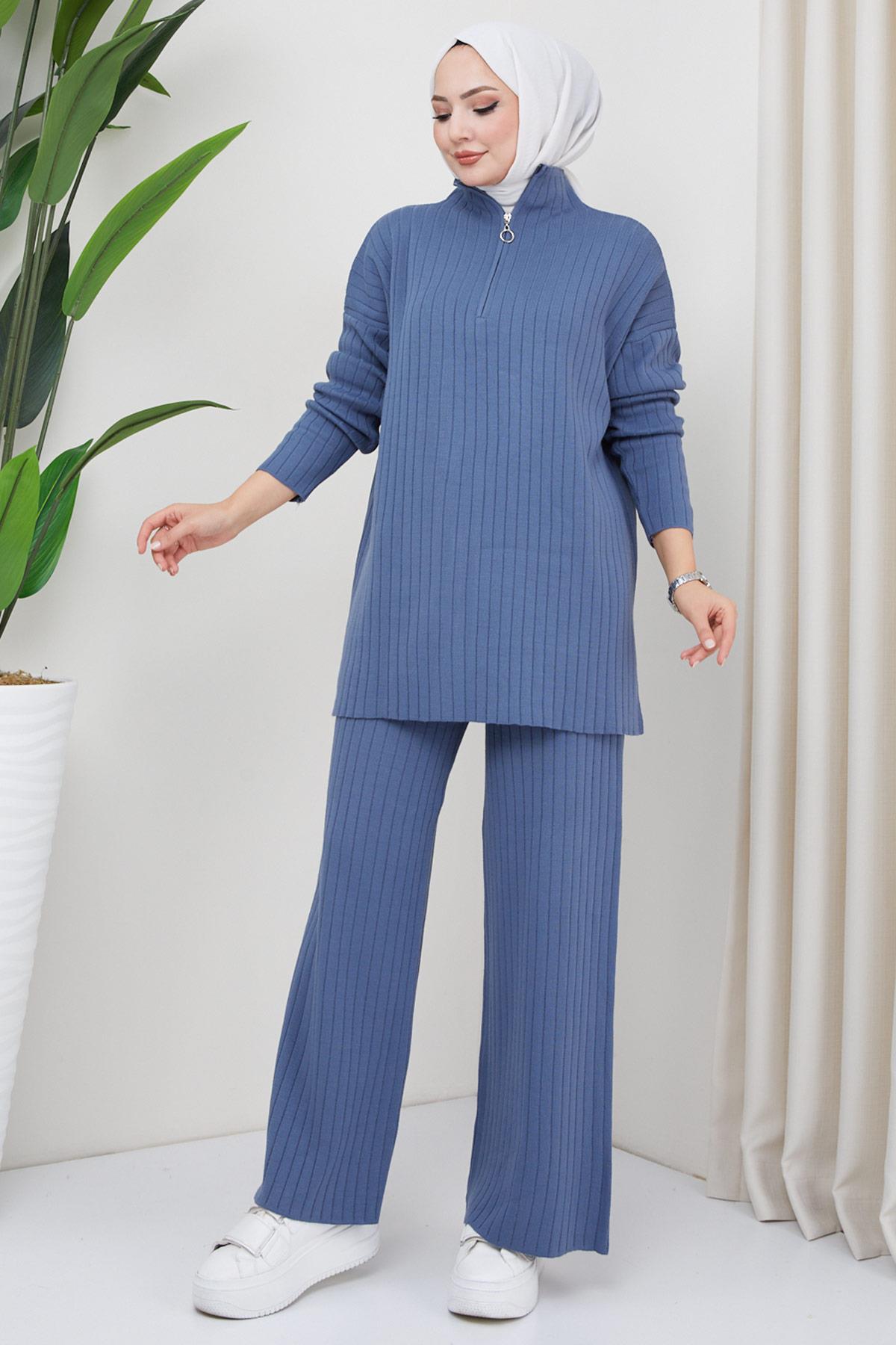 Fermuarlı Triko Takım İndigo HM2237