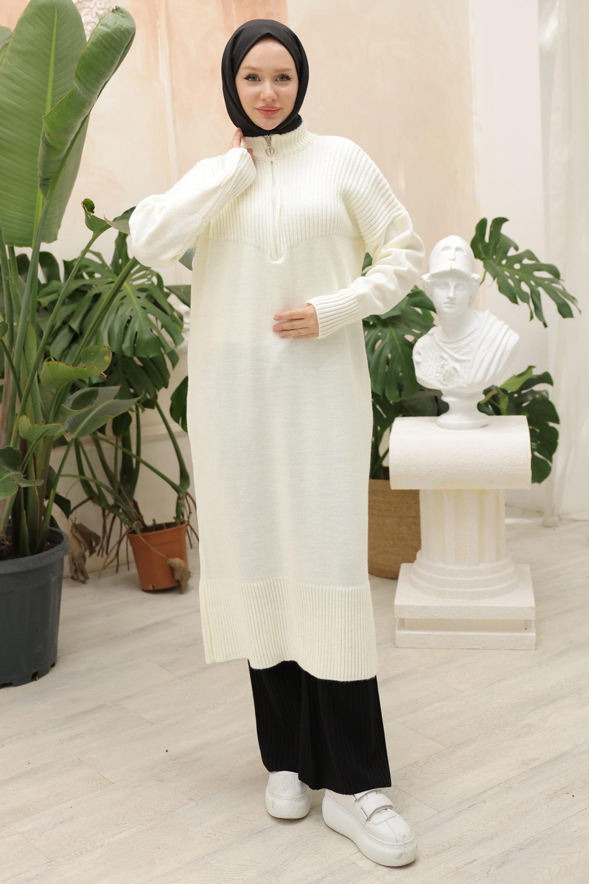 Fermuarlı Uzun Triko Tunik Beyaz HM2529