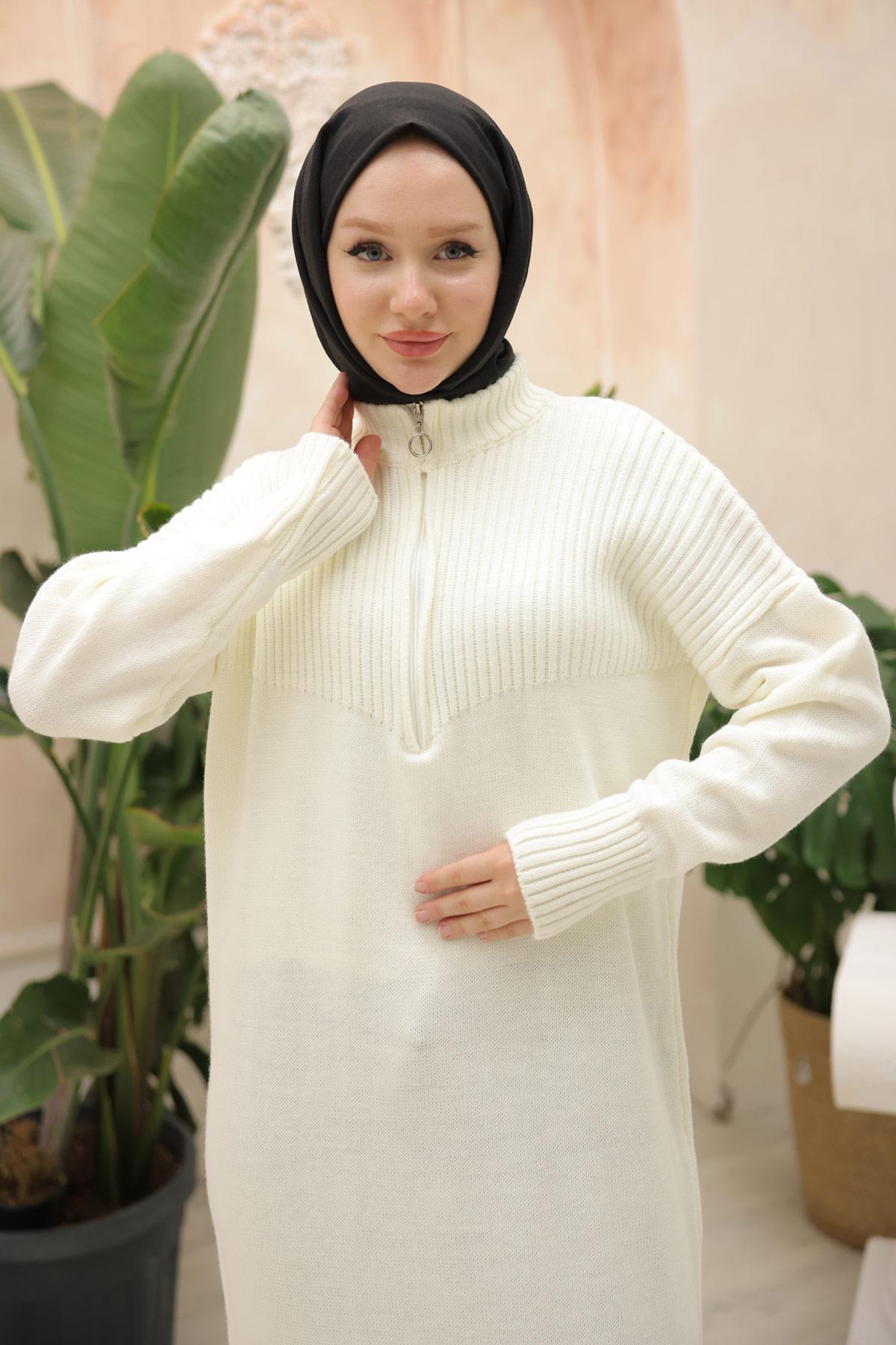 Fermuarlı Uzun Triko Tunik Beyaz HM2529