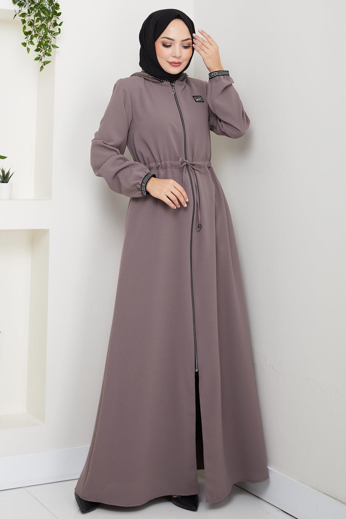 File Kapşonlu Bağlamalı Ferace Açık Kahve HM2360