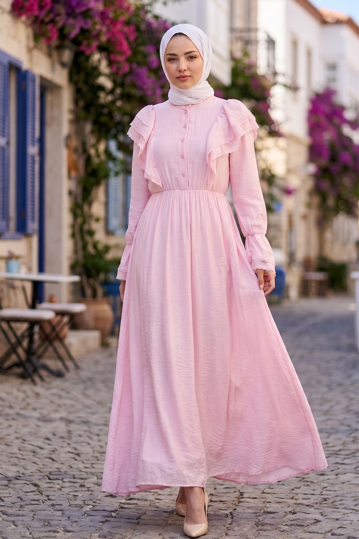 Fırfır Dantelli  Modal Astarlı Tül Elbise Pembe  HNT8618