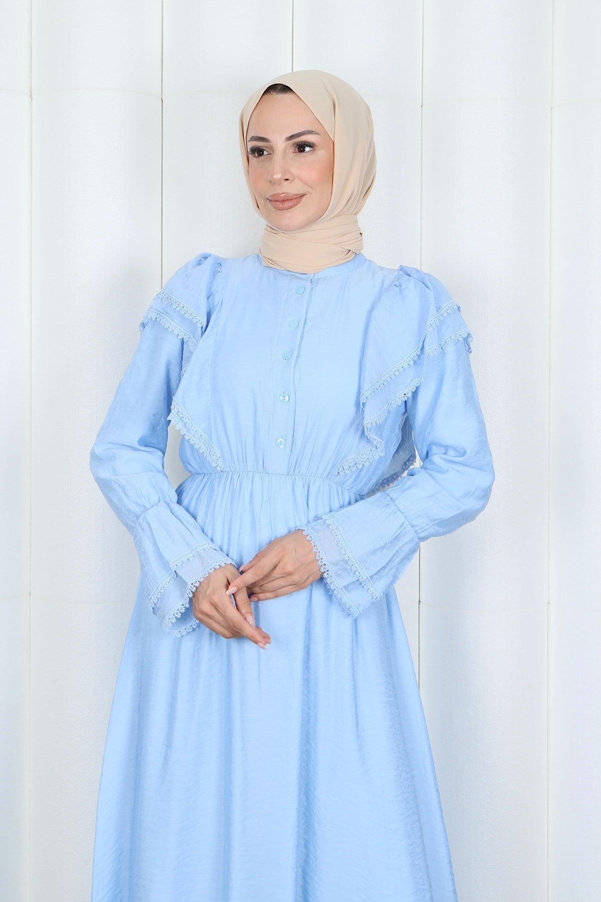 Fırfır Dantelli  Modal Astarlı Tül Elbise Bebe Mavisi  HNT8618