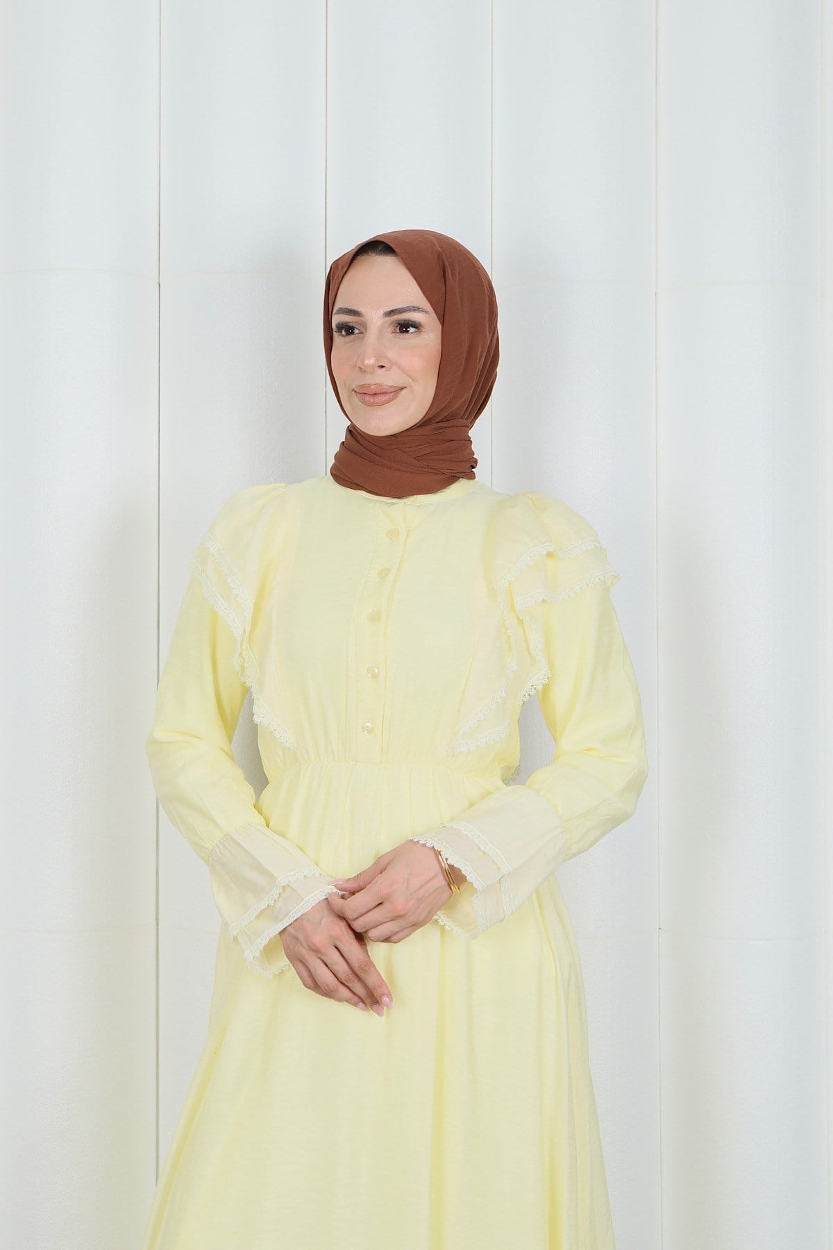 Fırfır Dantelli  Modal Astarlı Tül Elbise Sarı  HNT8618
