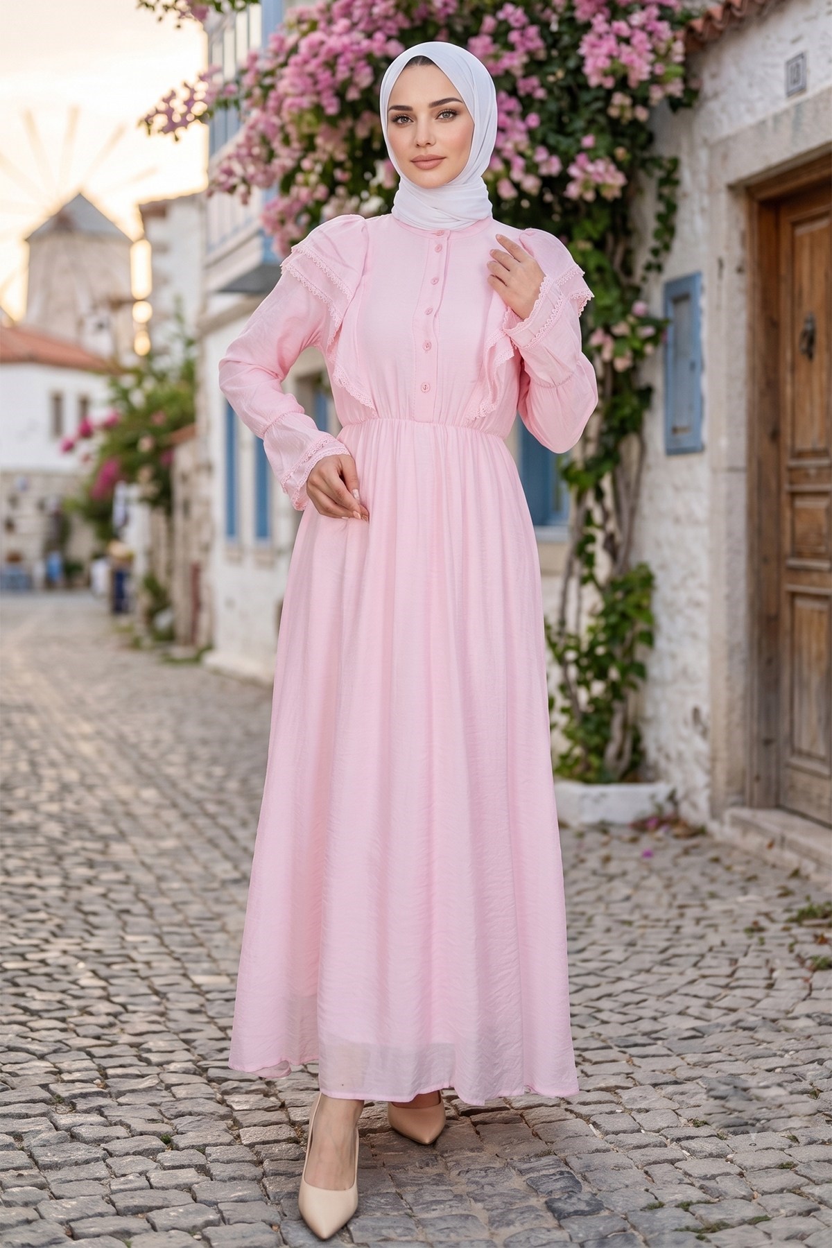 Fırfır Dantelli  Modal Astarlı Tül Elbise Pembe  HNT8618